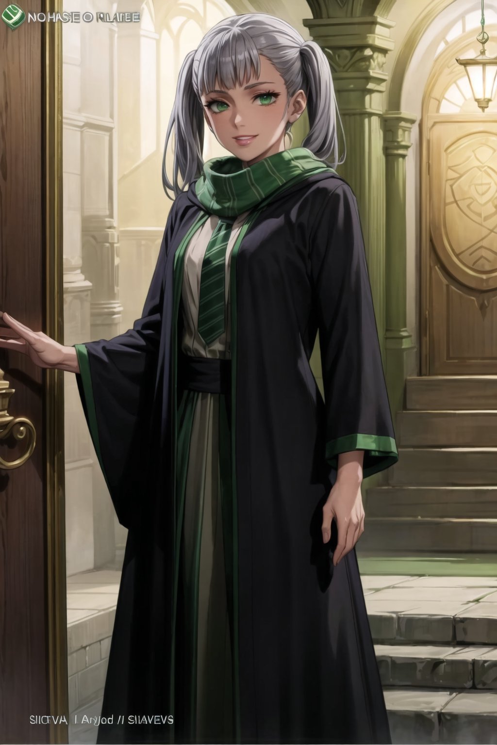 (best quality), (highly detailed), masterpiece, (official art),noelle_silva, twintails, bangs, silver hair , light green eyes, , hogrobe, (black robe,slytherin), green tie, hogscarf, magic, (green lips), (lips,evil smile), (best quality), (highly detailed), masterpiece, (official art), green eyes
