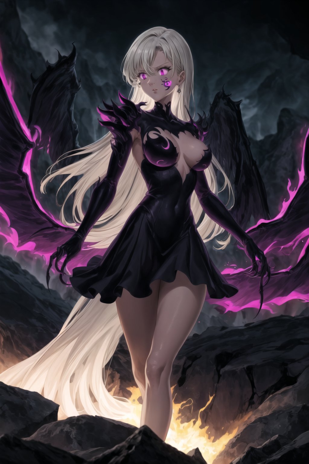 (tattoo,facial mark,aura,glowing,bodypaint,smoke,dark aura:1.2),1girl,long hair,medium breasts,black hair,angry,purple eyes,wings,claws,looking at viewer,nude,censored,armor,convenient censoring,Elizabeth, black hair, lips, ruler of hell, stands as a malevolent dictator, her long hair flowing like darkness itself, gradient from white to dark, framing her cold gaze. Her elaborate gown, adorned with sinister symbols and glowing red accents, reflects her dominance and cruelty. The background features a hellish landscape: rivers of lava, jagged rocks, tormented souls, and dark clouds with lightning. Eerie, red and black glows illuminate the scene, capturing the dark and oppressive atmosphere of her dominion.