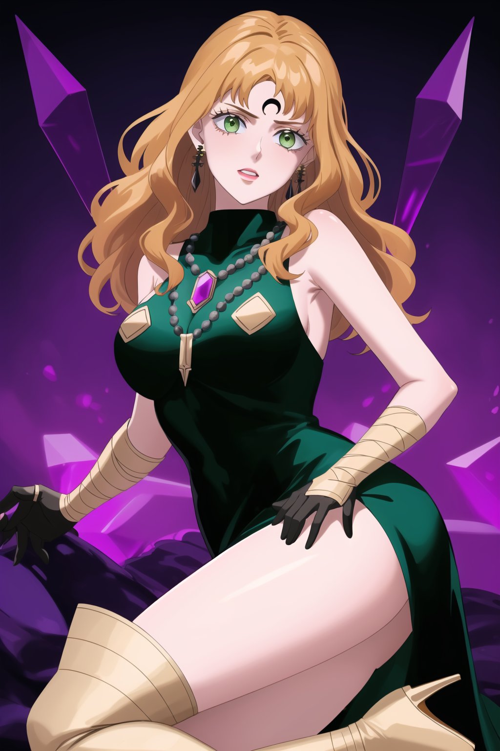 (best quality), (highly detailed), masterpiece, (official art),mimosa vermillion, orange hair, green eyes , makeup, ((black moon, forehead mark, crescent facial mark, black crystal earrings)), jewelry,  black dress, sleeveless dress, short dress, high collar, black gloves, long gloves, black knee-high boots, high heels, large turquoise necklace, gemstone necklace, dangling earrings, gemstone earrings, black choker, 
s, purple background, room