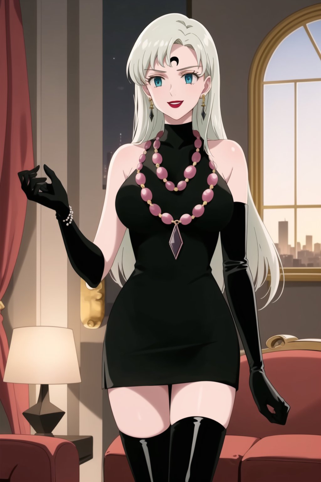 (best quality), (highly detailed), masterpiece, (official art),elizabeth, long hair, blue eyes, white hair, blunt bangs, single earring,, lips, smile, lipstick, makeup, evil smile,
((Forehead mark, crescent facial mark, black crystal earrings, jewelry)).  Dark  dress, black latex, black sleeveless dress, turtleneck_dress, short dress, elbow gloves, green gloves, thighhighs, large necklace, ((gemstone necklace:1.2)), standing,
Modern luxury lounge with dim lighting, featuring sleek black leather sofas, glass tables, and soft ambient lighting from wall sconces. A large window in the background reveals a city skyline at night, adding a touch of sophistication to the scene