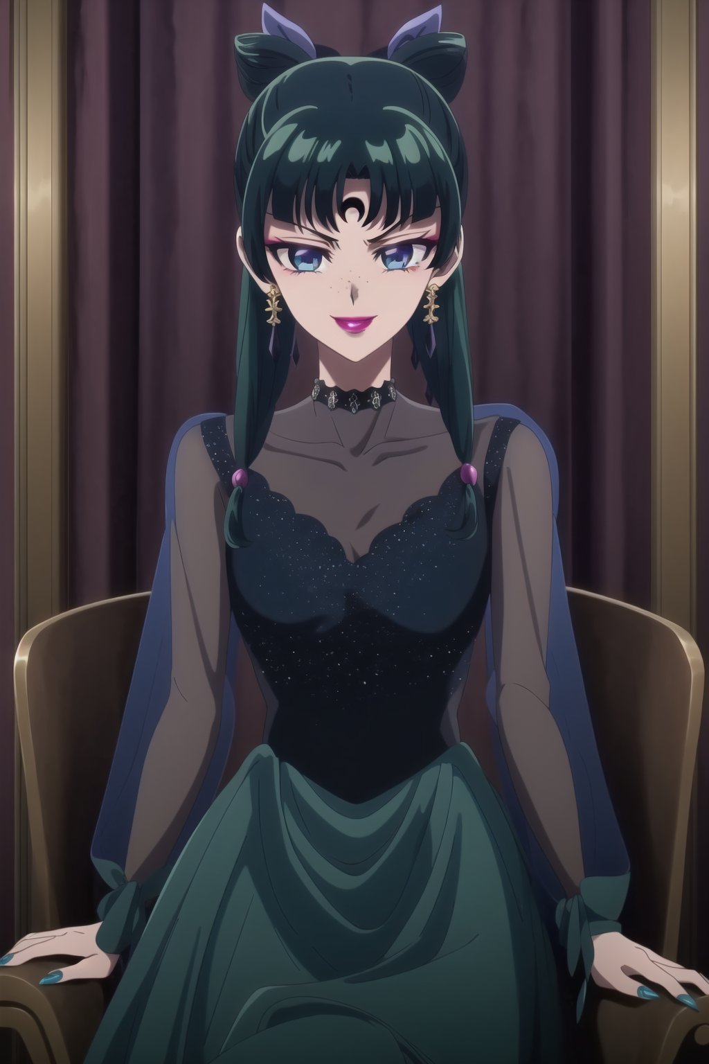 (best quality), (highly detailed), masterpiece, (official art), maomao,1girl,blunt bangs,green hair,blue eyes,sidelocks,twin braids,hair over shoulder,hair beads,half updo,single hair bun,hair ribbon,freckles, forehead mark, crescent facial mark, black crystal earrings, aged up, evil smile, lips, lipstick, posing, anime coloring, black dress, long sleeves, see-through, choker, skirt, black hair, jewelry, medium breasts, earrings, black eyes, makeup, lipstick, forehead mark, purple lips, pearl (gemstone), tomoe hotaru,,  sitting, throne,