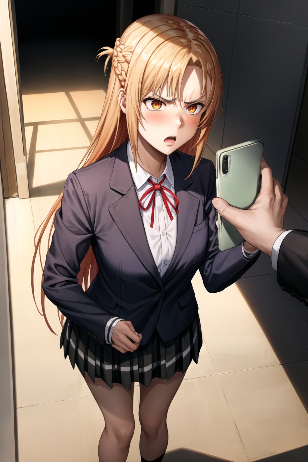  (mind_control:1.2), (beautiful_hands), (perfect_hands),  (backPhone:1.2),1girl, solo, asuna yuuki,  long hair, french braid, orange hair, angry expression, furrowed brows, lips, open mouth, angry, 
,school uniform, standing in hallway, slight blush of frustration, hallway with background students looking over, bright afternoon sunlight, dramatic shadows on floor,b1mb0, looking_at_viewer, looking_at_viewer