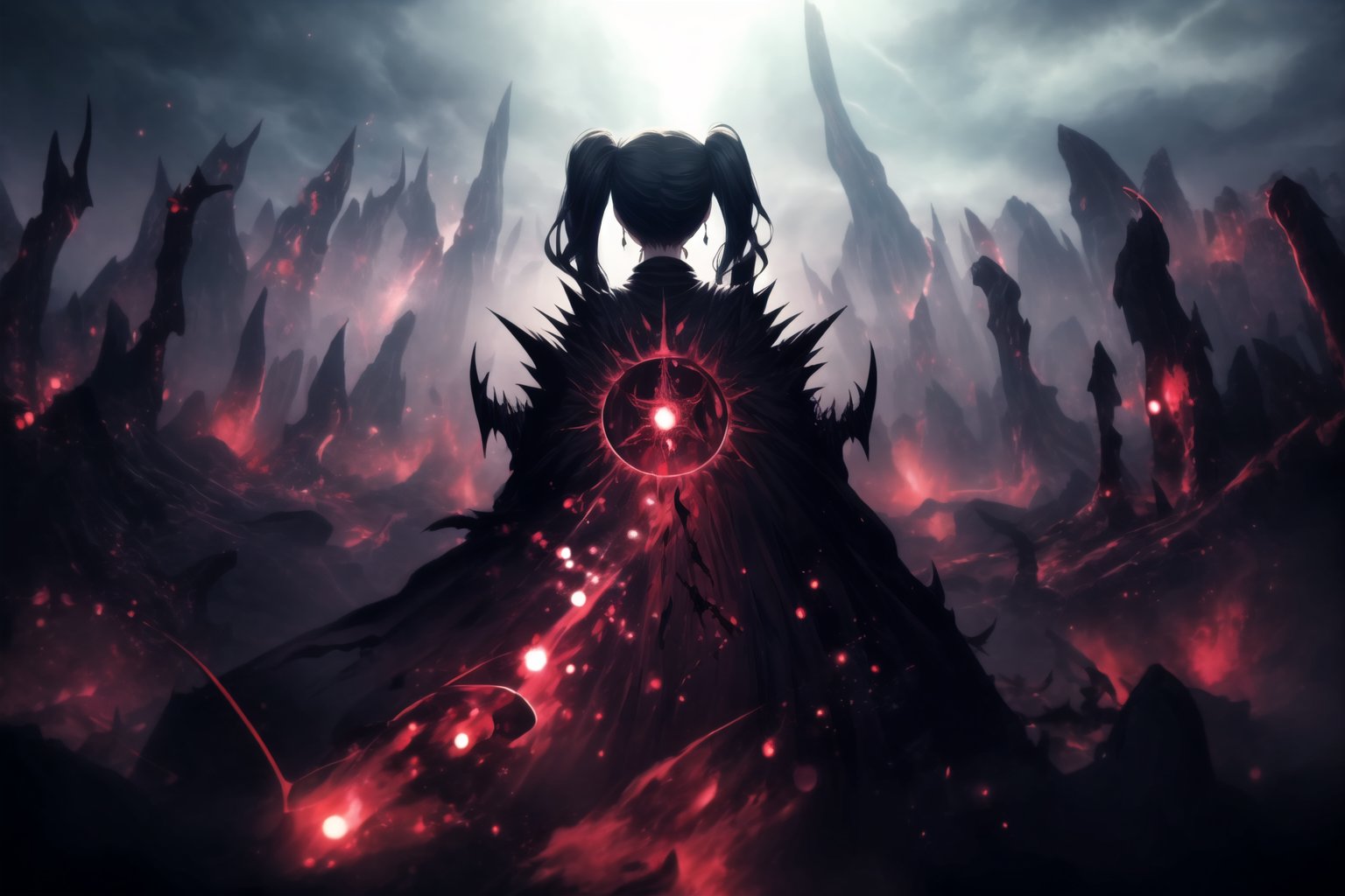 Diane, ruler of hell, stands tall in front of a hellish backdrop. Her twintails black hair flows down her back, tied with hair scrunchies, as she dons an elaborate gown adorned with sinister symbols and glowing red accents. Her cold gaze is framed by a crescent face mark and crystal black earrings. A massive spiked mace rests in one hand, reinforcing her dominance over the kingdom. Black demonic armor covers her body, reflecting the ominous red light of her infernal realm. Her large black wings spread wide, casting long shadows over the oppressive scene. In front of her, rivers of lava flow through jagged rocks, tormented souls writhing along cliffs, and dark clouds pierced by bolts of demonic lightning. The atmosphere is surreal and chaotic, with red and black glowing effects, eerie light rays, and sparks of energy creating a sense of intensity. Digital distortion effects, glitchy bursts of light, and electrical discharges add to the modern intensity of this dark landscape.