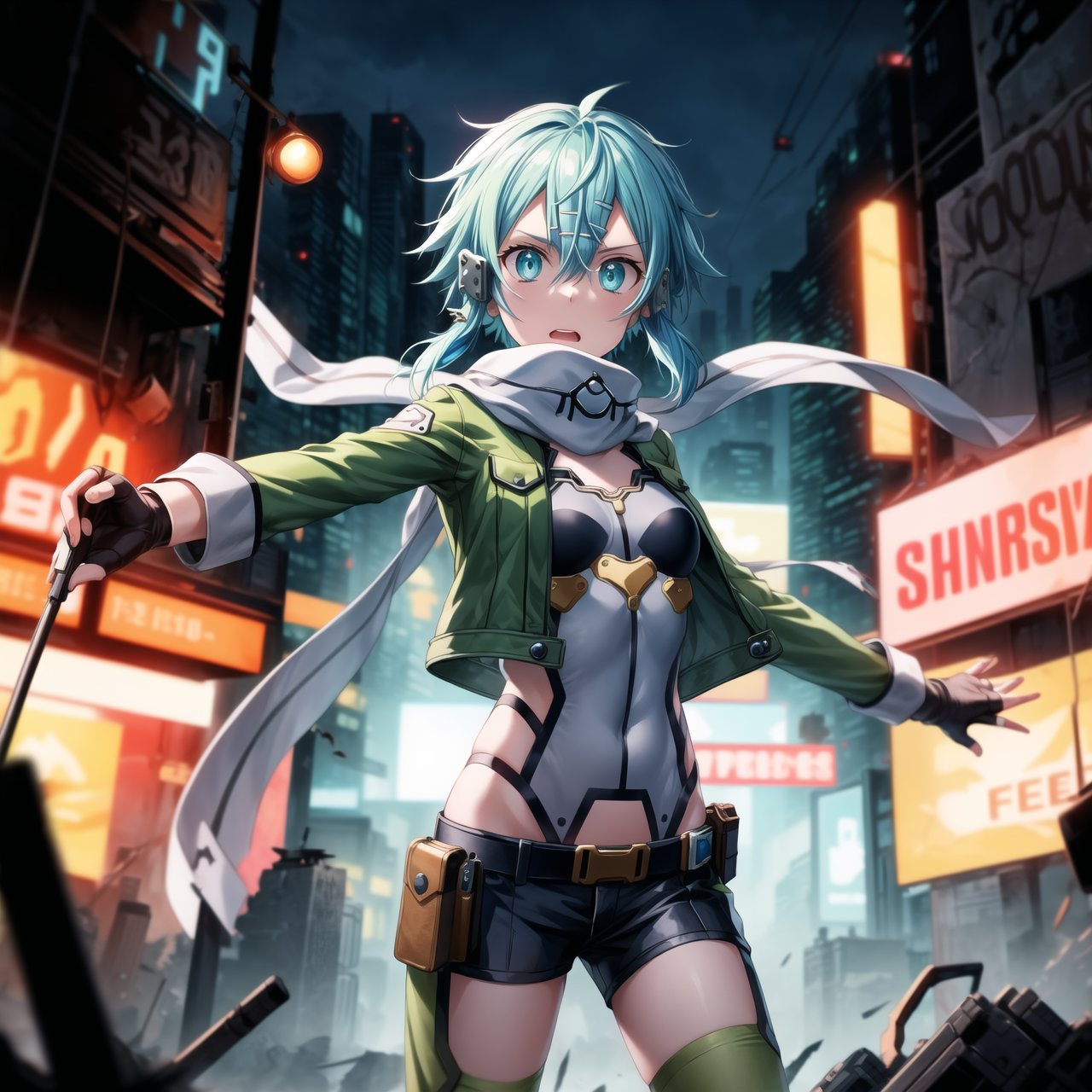 ((best quality)),  masterpiece, sinon1,(surprised:1.3), (scary:1.3), latex:1.3,
lips, aiming at viewer,holding pistol, ((sinon1, cyberpunk, hair ornament, hairclip)), ((arms outstretched, pose)),1girl,  bangs, belt pouch, black gloves, black shorts, blue eyes, blue hair,fingerless gloves, green jacket, green legwear, gun, hair between eyes, hair ornament, hairclip, highres, jacket, long sleeves, outdoors,  handgun, scarf, shadow, short hair, short hair with long locks, short shorts, shorts, sidelocks, sinon, pistol, solo,, sword art online, weapon, , fingerless gloves,
Anime illustration, post-apocalyptic cyberpunk setting, cowboy shot:1.3. . She holding a  handgun, shooting sideways:1.3.

The background features a ruined cityscape with neon signs, broken buildings, and flickering lights, enhancing the cyberpunk atmosphere. The scene is lit with a mix of neon glows and dark shadows, emphasizing the chaotic and dystopian environment.