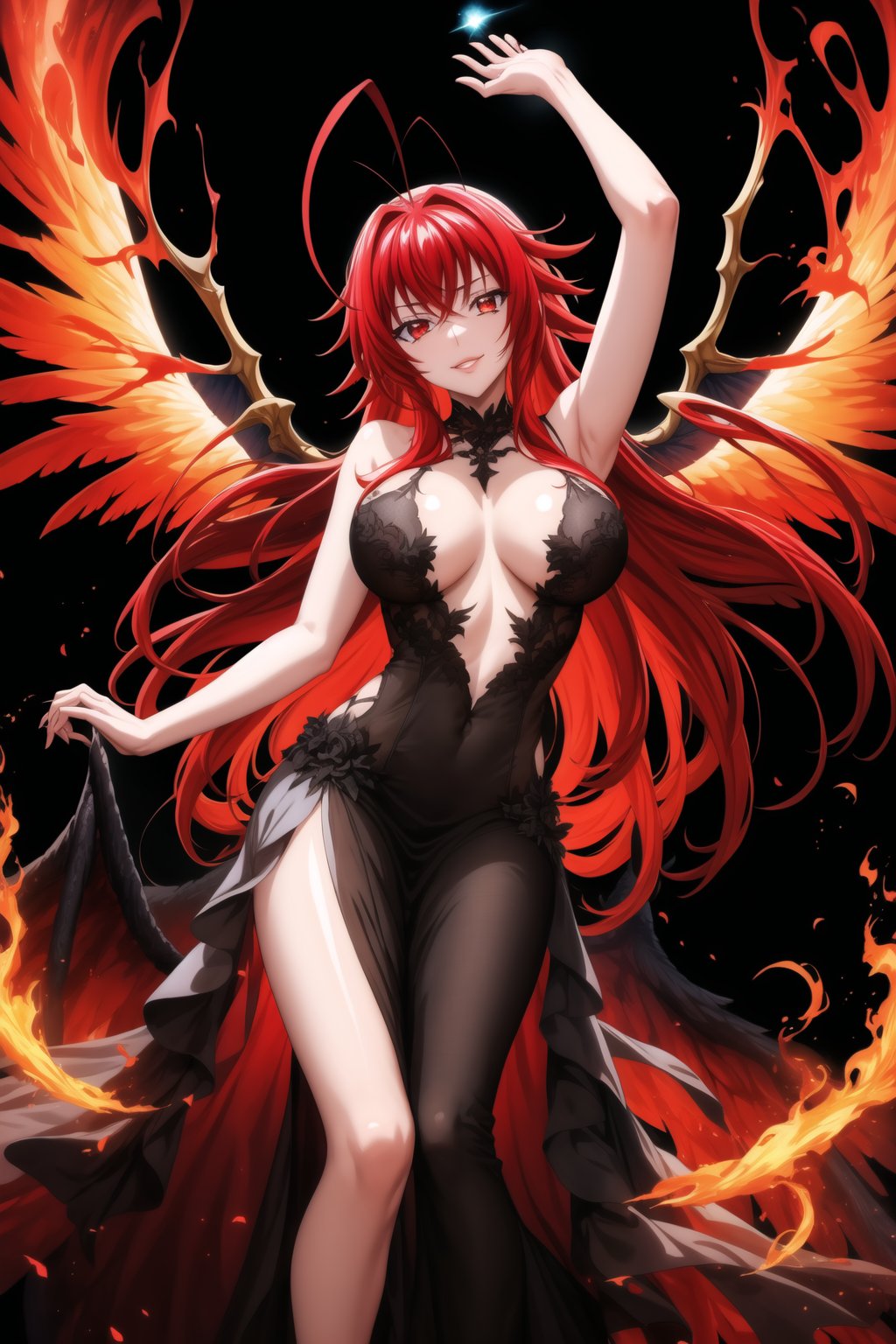 (best quality), (highly detailed), masterpiece, (official art), Rias Gremory as a malevole demon , lips evil smile, with long flowing red hair and a delicate ahoge, darkness black wings spread wide behind her. She is wearing a intricatr, elegant black gown that flows gracefully around her, softly billowing as she floats in the hell. Rias stands with her arms,as if welcoming you with a violento and demonic presence, her red eyes. Rays of dark light shine down from the heavens, illuminating her figure, while she hovers among soft, glowing fire. The hell with red rays breaking through, creating atmosphere. Her wings emit a darkness, ethereal light, adding to her demonic presence.