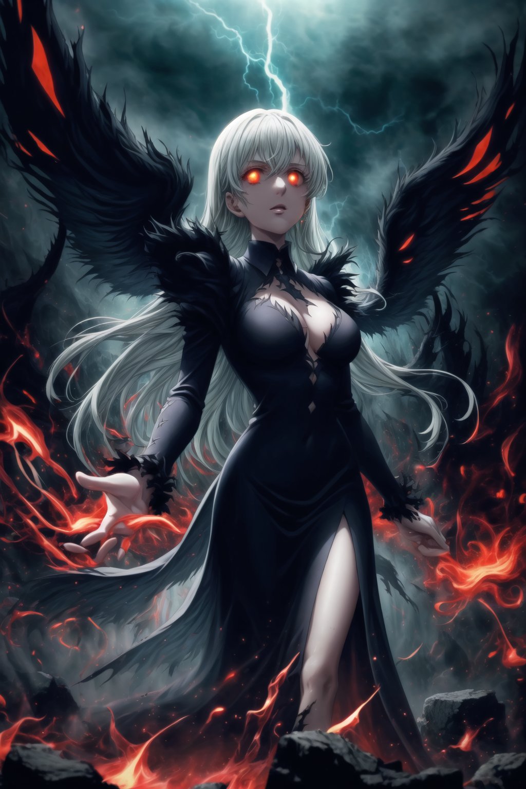 Elizabeth, black hair, lips, ruler of hell, black wings,darkness wings,wings,demon wings,stands as a malevolent dictator, her long hair flowing like darkness itself, gradient from white to dark, framing her cold gaze. Her elaborate gown, adorned with sinister symbols and glowing red accents, reflects her dominance and cruelty. The background features a hellish landscape: rivers of lava, jagged rocks, tormented souls, and dark clouds with lightning. Eerie, red and black glows illuminate the scene, capturing the dark and oppressive atmosphere of her dominion.