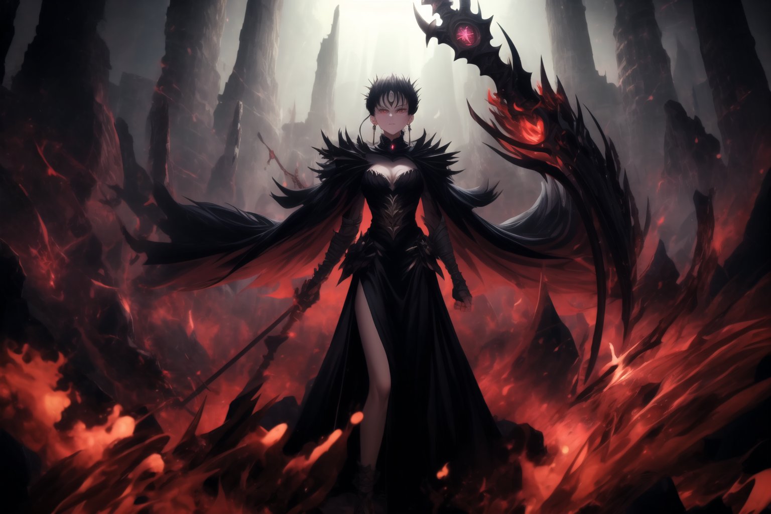 Diane, Ruler of Hell, stands tall against a hellish backdrop of rivers of lava, jagged rocks, and tormented souls. Her black hair with scrunchies cascades down her back as she dons an elaborate gown adorned with sinister symbols and glowing red accents. A crescent face mark frames her cold gaze, accompanied by crystal black earrings. In one hand, she holds a massive spiked mace, reinforcing her dominance over the kingdom. Black demonic armor covers her body, reflecting the ominous red light of her infernal realm. Large black wings spread wide, casting long shadows over the oppressive scene. Red and black glowing effects, eerie light rays, and sparks of energy create a surreal atmosphere. Digital distortion effects, glitchy bursts of light, and electrical discharges add modern intensity to this dark landscape.