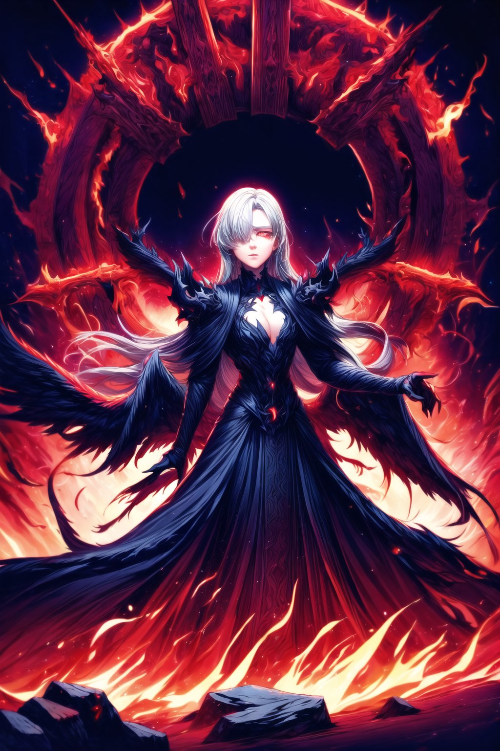 Elizabeth, white hair,hair_over_eye ,lips, ruler of hell, black wings,darkness wings,wings,demon wings,stands as a malevolent dictator, her long hair flowing like darkness itself, gradient from white to dark, framing her cold gaze. Her elaborate gown, adorned with sinister symbols and glowing red accents, reflects her dominance and cruelty. The background features a hellish landscape: rivers of lava, jagged rocks, tormented souls, and dark clouds with lightning. Eerie, red and black glows illuminate the scene, capturing the dark and oppressive atmosphere of her dominion.,shadow