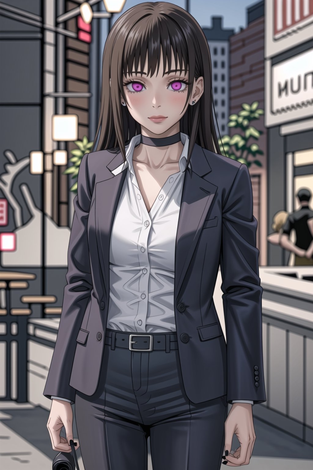 ((best quality)),  ((highly detailed)),  masterpiece,1girl, 1girl, (lips:1.2), seductive smile, smirk, naughty_face,nail polish, solo,   black pants,  formal,  black jacket,  open jacket,  (white shirt),  belt, ,  black jacket, (black suit),  long sleeves,  shirt tucked in,, (black choker), blush, earrings, black nails, looking at viewer, standing, cowboy shot, fingernails,  bar,outdoor,lamp,nigth,space, alcohol, sexy pose:1.2, purple nails, wristband ,Mimiko, (long hair:1.4), bangs, brown hair, pink  eyes, bob cut,,StandingAtAttention,<lora:659111690174031528:1.0>