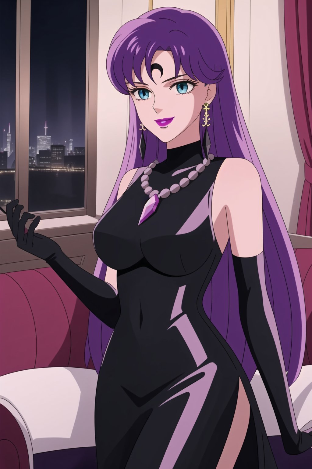 (best quality), (highly detailed), masterpiece, (official art),Saori Kido, long purple hair. blue eyes, bangs, lips, smile, lipstick, makeup,evil smile:1.2, salute,
((Forehead mark, crescent facial mark, black crystal earrings, jewelry)).  Dark  dress, black latex, black sleeveless dress, turtleneck_dress, short dress, elbow gloves, green gloves, thighhighs, large necklace, ((gemstone necklace:1.2)), standing,
Modern luxury lounge with dim lighting, featuring sleek black leather sofas, glass tables, and soft ambient lighting from wall sconces. A large window in the background reveals a city skyline at night, adding a touch of sophistication to the scene