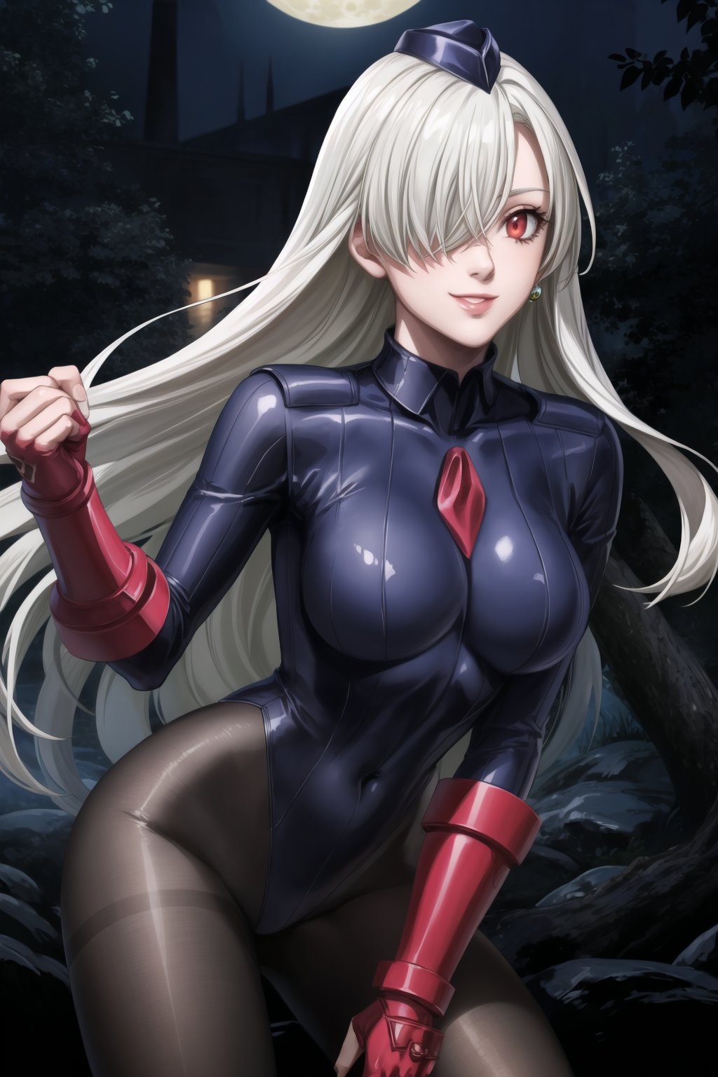 ((best quality)), ((highly detailed)), masterpiece, ((official art)), elizabeth, long hair, red eyes, white hair, hair over one eye, single earring, posing, lips, night, moon, ( evil smile), ((black leotard)),yellow necktie, pantyhose, shoulder pads, (shadaloo doll), (long_sleeves), 1girl, posing, forest, ,shadaloo doll