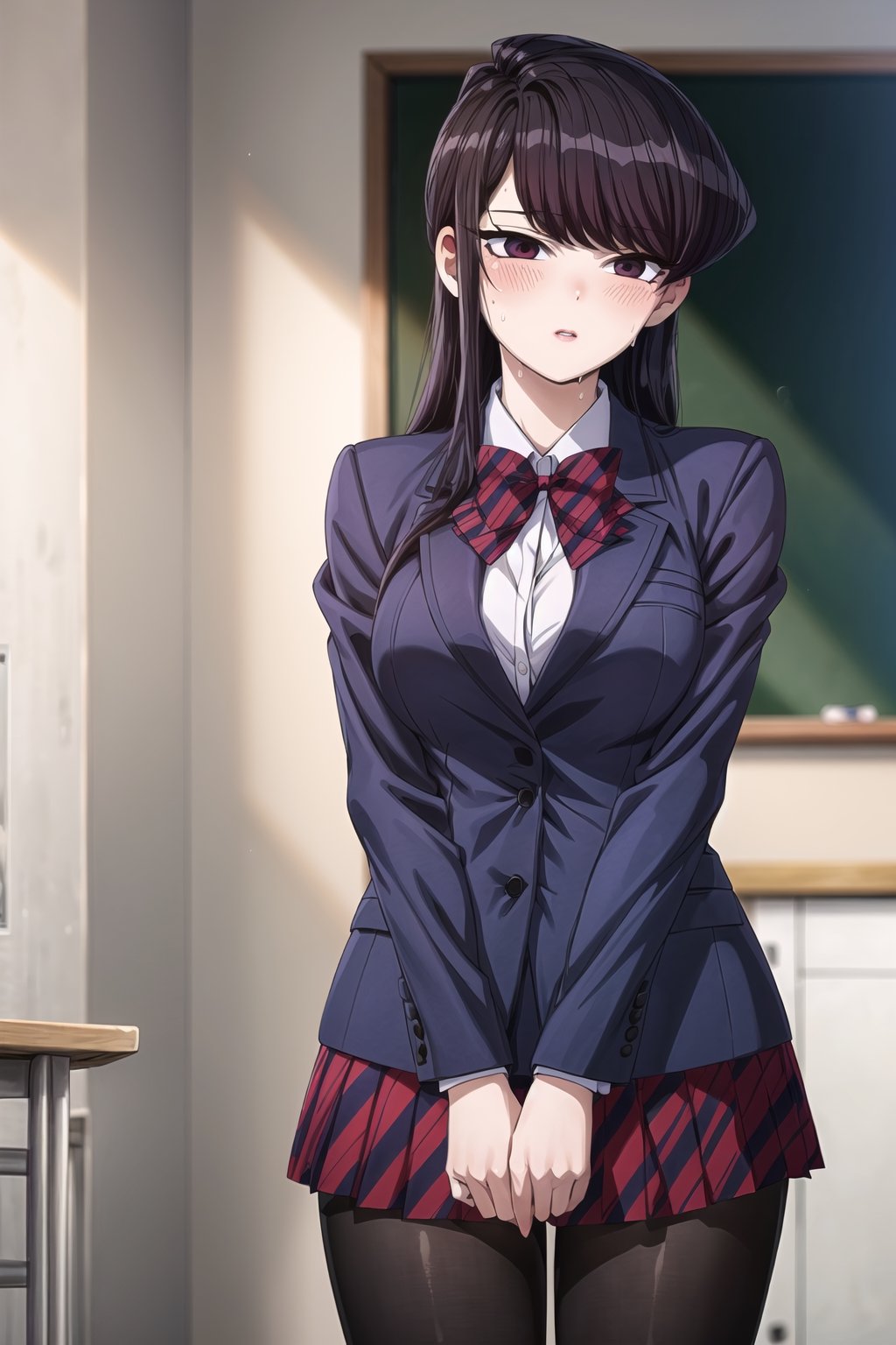 ((best quality)),  ((highly detailed)),  masterpiece,  ((official art)),  SK, lips, school, schoolroom, standing, chalkboard ,looking at viewer, (body trembling:1.3, scary:1.2, fear:1.2), ((sweat, weat,blush)), parted lips, dark blue blazer, striped bowtie, school uniform,  v arms, pantyhose, classroom, cowboy shot, school uniform, red skirt, red bow, blazer,,  girl,  indoors,  intricately detailed,  hyperdetailed,  blurry background, depth of field,  best quality,  masterpiece,  intricate details,  tonemapping,  sharp focus,  hyper detailed,  trending on Artstation, 1 girl,  high res,  official art,SK,StandingAtAttention