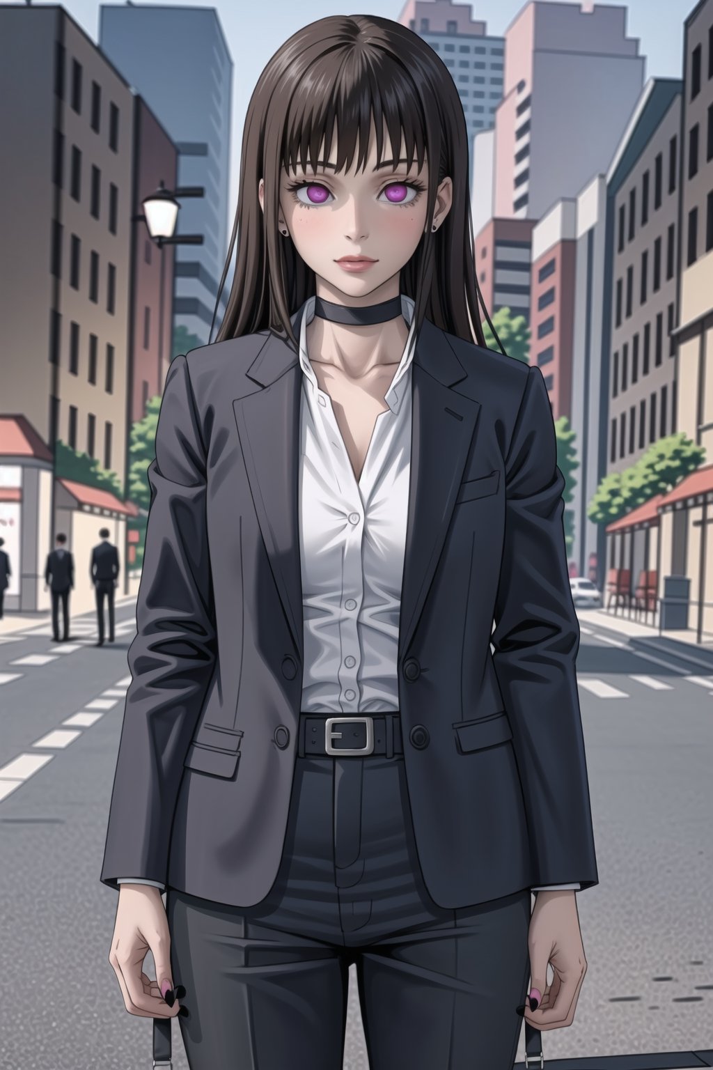 ((best quality)),  ((highly detailed)),  masterpiece,1girl, 1girl, (lips:1.2), seductive smile, smirk, naughty_face,nail polish, solo,   black pants,  formal,  black jacket,  open jacket,  (white shirt),  belt, ,  black jacket, (black suit),  long sleeves,  shirt tucked in,, (black choker), blush, earrings, black nails, looking at viewer, standing, cowboy shot, fingernails,  bar,outdoor,lamp,nigth,space, alcohol, sexy pose:1.2, purple nails, wristband ,Mimiko, (long hair:1.4), bangs, brown hair, pink  eyes, bob cut,,StandingAtAttention,<lora:659111690174031528:1.0>