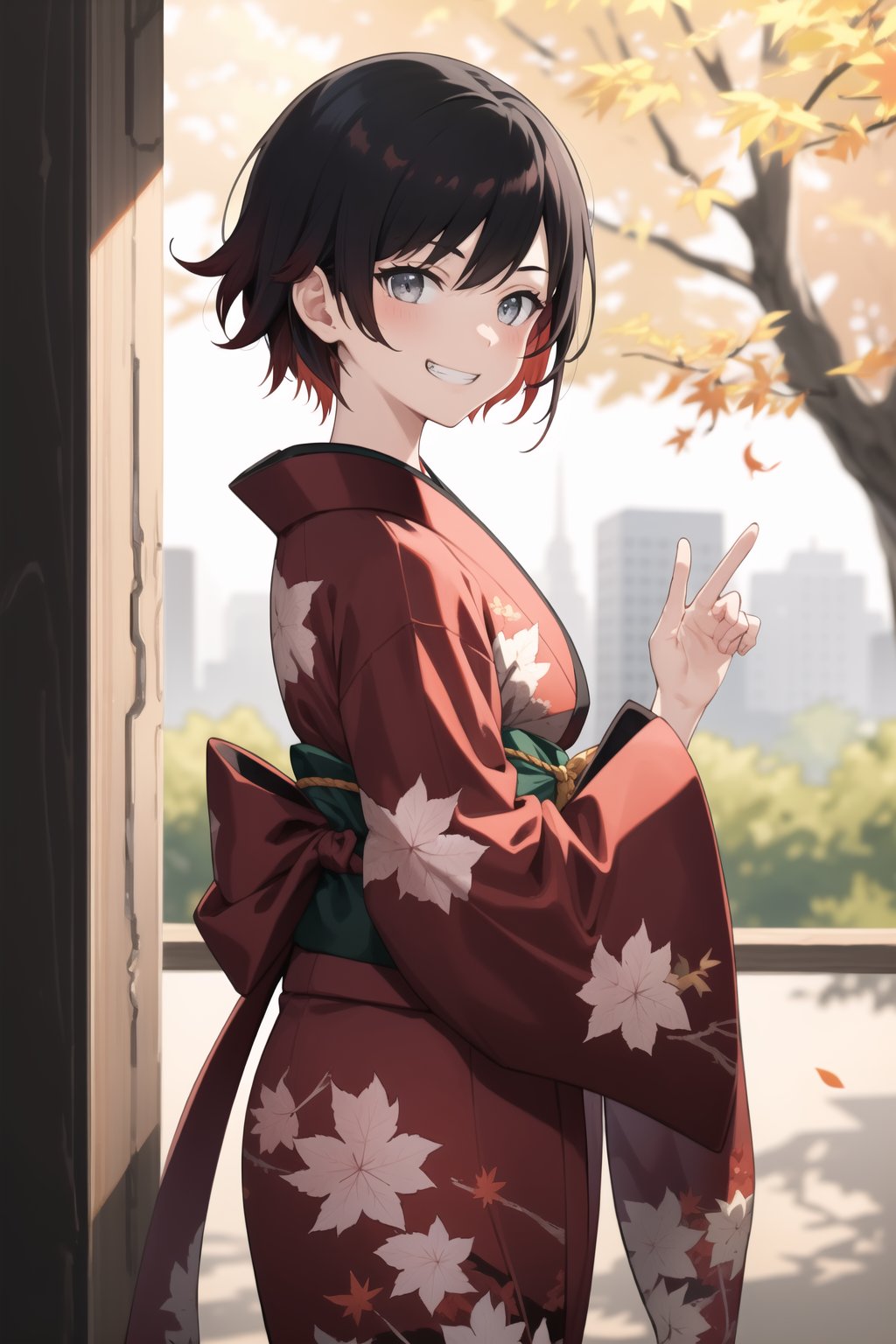 ((best quality)), ((highly detailed)), masterpiece, 1 girl, ruby rose, short hair, BREAK, grin, smirk, kimono, momiji, maple_leaves, japanese maple tree, minimalism, (cowboy shot:1.2), standing, , intricately detailed, hyperdetailed, blurry background, depth of field, best quality, masterpiece, intricate details, tonemapping, sharp focus, hyper detailed, trending on Artstation, 1 girl, high res, official art,