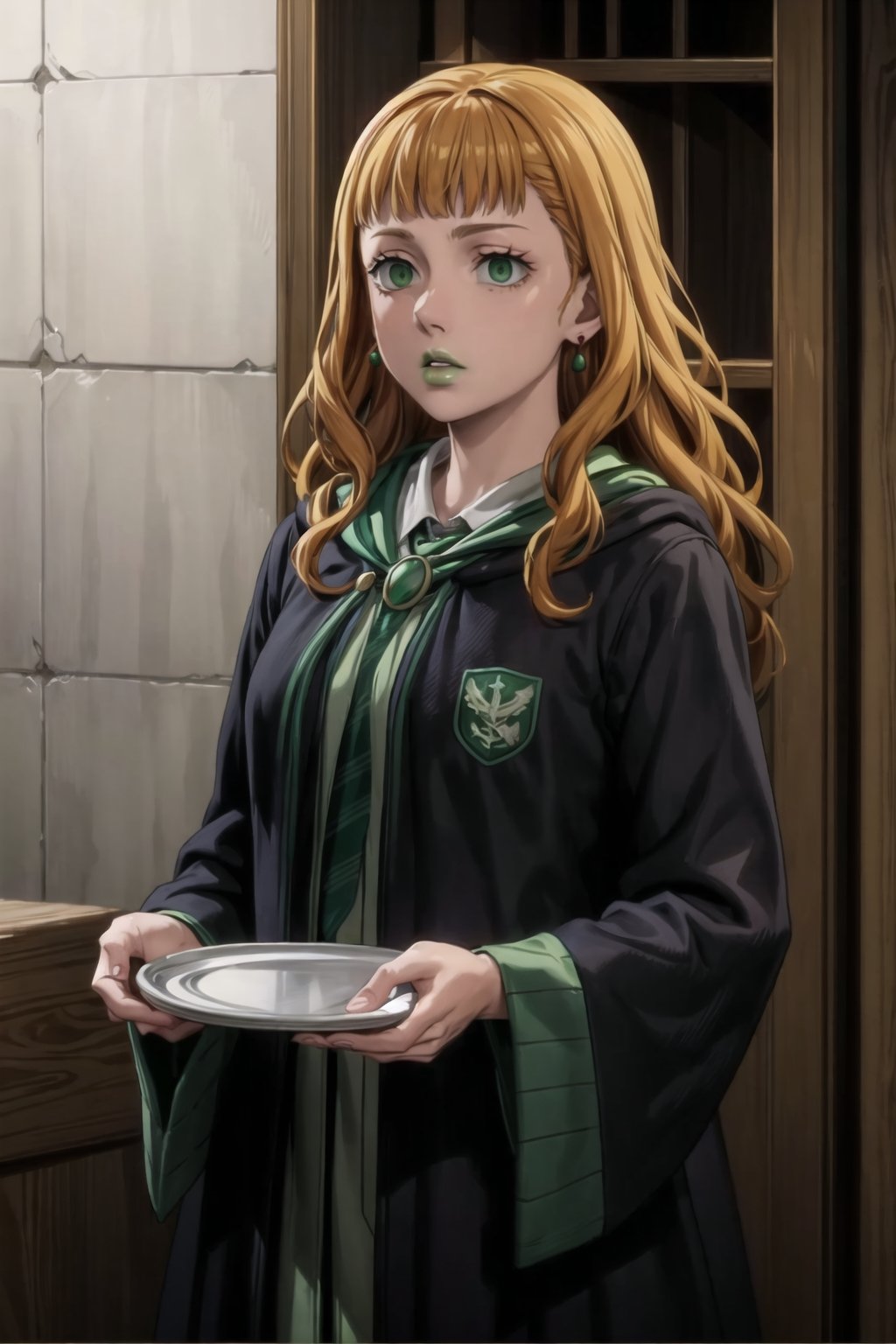 (best quality), (highly detailed), masterpiece, (official art),mimosa vermillion, orange hair, wavy hair , light green eyes, , ((hogrobe)), ((black robe,slytherin)), green tie, magic, (green lips), (lips:1.2), holding tray, tray, earrings, jewlery, expressionless, (best quality), (highly detailed), masterpiece, (official art), green eyes ,(empty eyes), green eyes