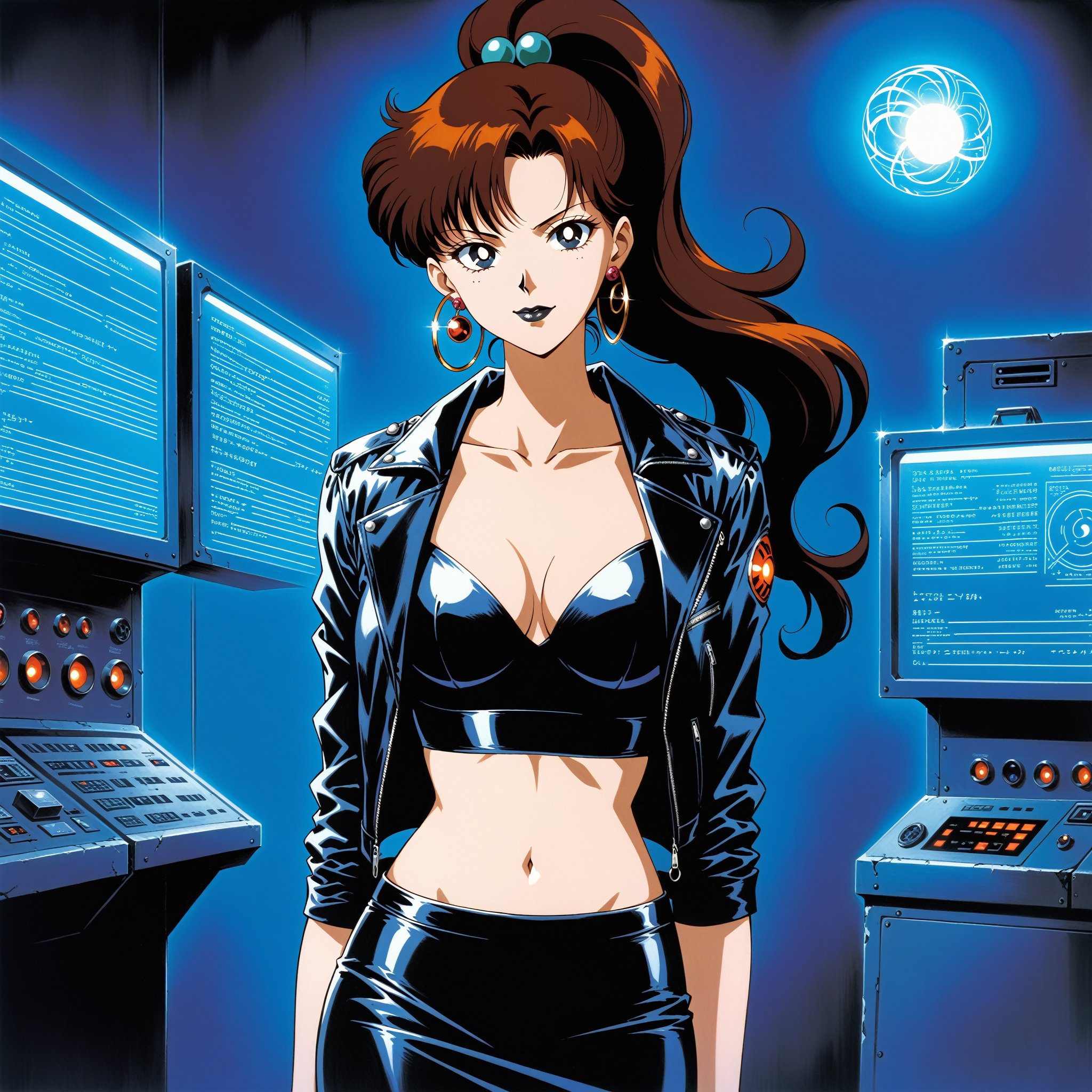 (masterpiece, best quality, very aesthetic, ultra detailed), lips, black lips:1.2, evil smile, evil, villain, corrupted, dark persona,intricate details, 4k, aajupiter, long hair, brown hair, ponytail, hair bobbles,, black gloves, black jacket:1.2, black skirt:1.2, breasts, cleavage, closed mouth, collarbone, cowboy shot, ((black crop top)), hoop earrings, fingerless gloves, gloves, highres, black leather jacket, jewelry, , medium breasts, midriff, miniskirt, navel, pencil skirt, skirt, solo, standing, stomach, striped, striped bow, thigh strap,((retro anime style, detailed retro anime)),  energy ball, energy, magic, hologram,  blue theme, glowing, blurry foreground, leather jacket, neon lights, pyrokinesis, futuristic control room