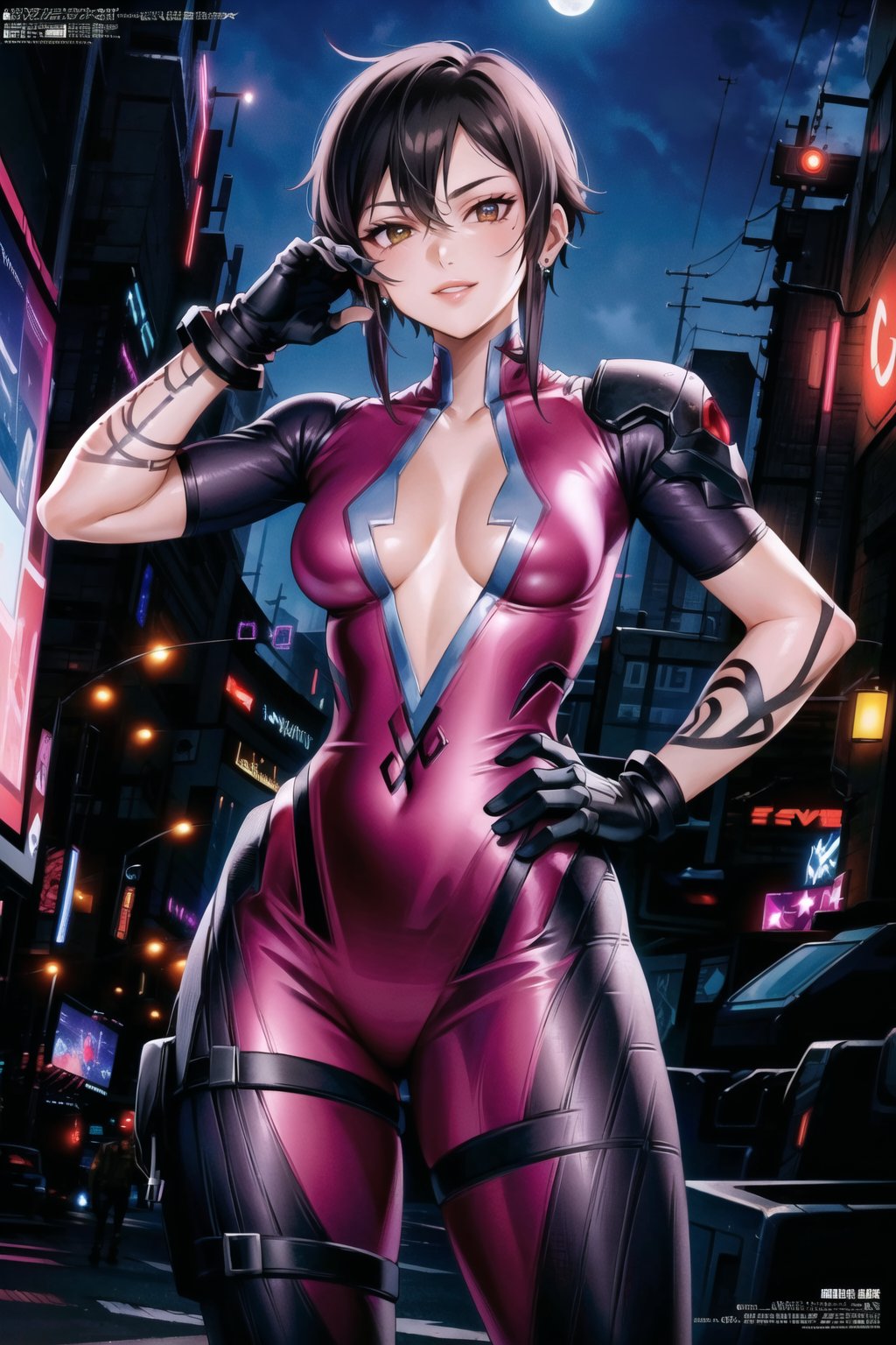 ((best quality)), ((highly detailed)), masterpiece, ((official art)), shino asada, ((black hair:1.2)), short hair,  hair between eyes, hair ribbon, sidelocks, short hair with long locks:1.3, earrings,  (lips), evil smile, hand on hip,cowboy shot, (widowsuit:1.2), black gloves, medium breasts, tattoo, (arm tattoo:1.2) ,(pose:1.3), best quality, masterpiece, intricate details, scenary, outdoors, street, nigth, moon, (cyberpunk:1.2), star_(sky), spacecraft,trending on Artstation,  ,widowsuit,arm tattoo,aayelan