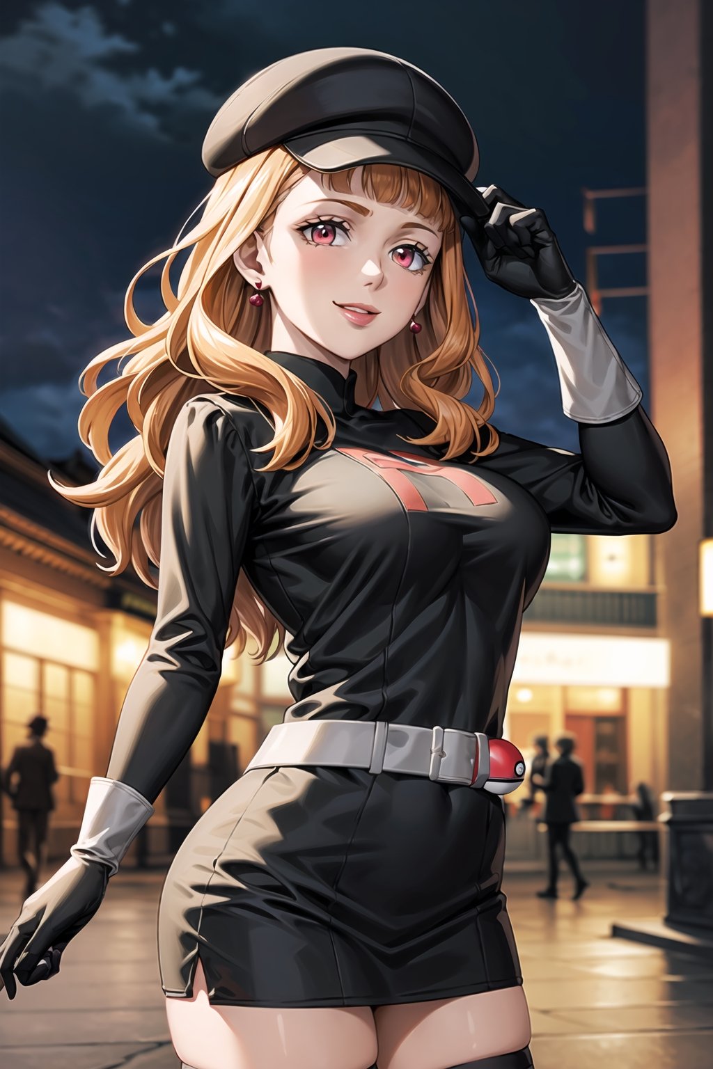 (best quality), (highly detailed), masterpiece, (official art), mimosa vermillion, Orange hair,red eyes, red earrings, poke ball, poke ball (basic), holding poke ball, black headwear, cabbie hat, hat, posing, lips, ( evil smile), ,Grunt Team Rocket, dress, black dress, long sleeves, gloves, elbow gloves, belt, grey belt, skirt, thighhighs, looking at viewer, china, asiática, city, night, sky, (intricately detailed, hyperdetailed), blurry background,depth of field, best quality, masterpiece, intricate details, tonemapping, sharp focus, hyper detailed, trending on Artstation,1 girl, high res, official art,