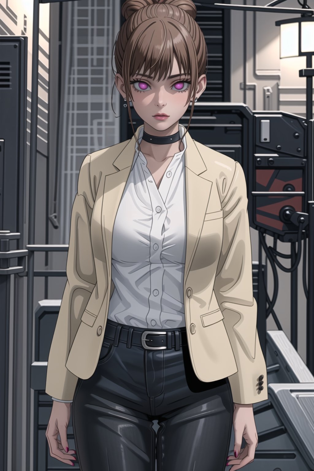 ((best quality)),  ((highly detailed)),  masterpiece,1girl, 1girl, (lips:1.2), seductive smile, smirk, naughty_face,nail polish, solo,   black pants,  formal,  black jacket,  open jacket,  (white shirt),  belt, ,  black jacket, (black suit),  long sleeves,  shirt tucked in,, (black choker), blush, earrings, black nails, looking at viewer, standing, cowboy shot, fingernails,  bar,outdoor,lamp,nigth,space, alcohol, sexy pose:1.2, purple nails, wristband ,Nanako,  brown hair,  pink eyes, jewelry, hair bun, single hair bun,  gyaru,StandingAtAttention,<lora:659111690174031528:1.0>