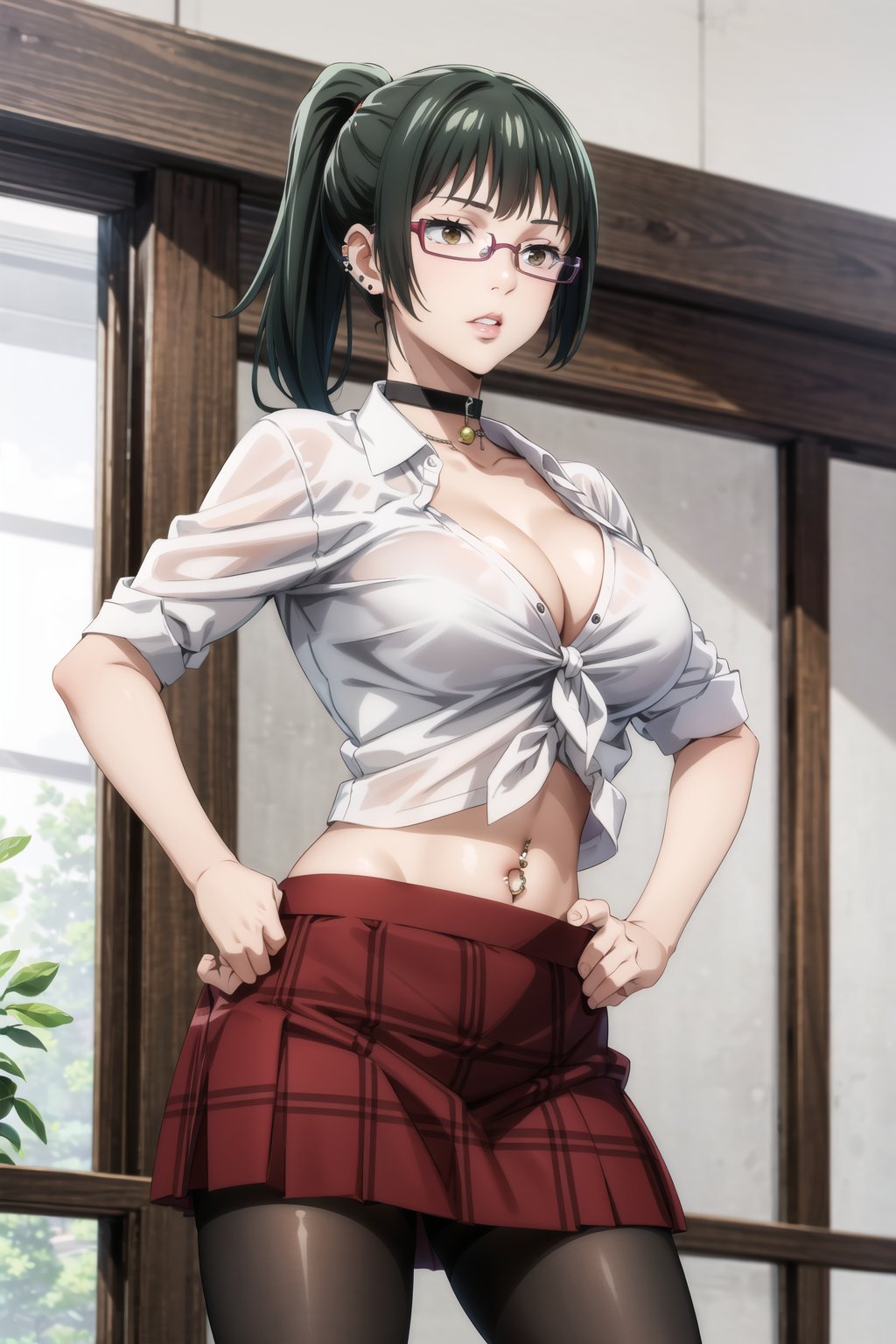 masterpiece,best quality,highres,ultra-detailed, zenin_maki, green hair, brown eyes, ponytail, glasses, bangs, white shirt, skirt, large breasts, navel, cleavage, pantyhose,  choker, midriff, miniskirt, lips, plaid, red plaid skirt, piercing, fishnets,  fishnet pantyhose, white tied shirt:1.2, navel piercing, , standing, StandingAtAttention,