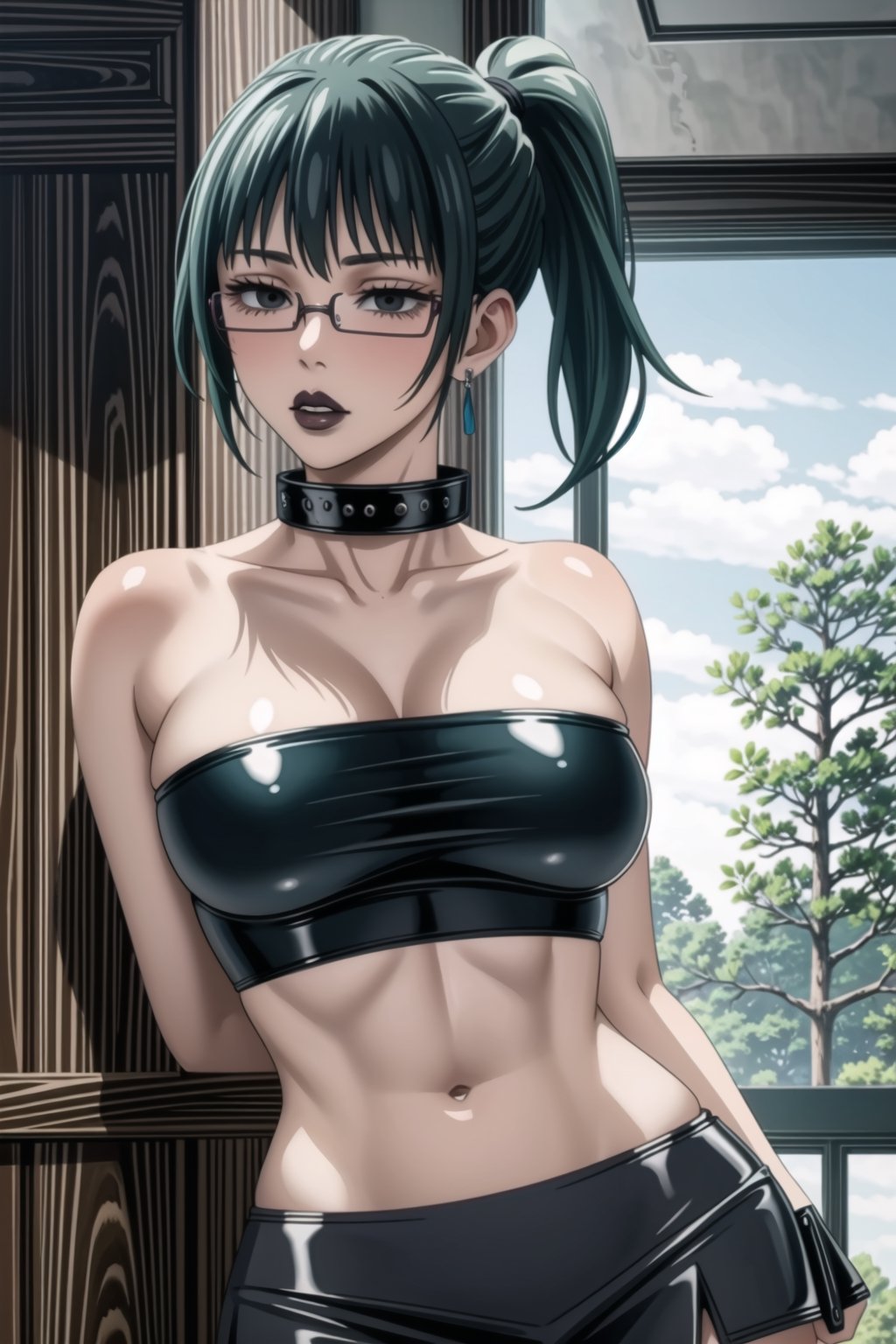 zenin_maki, green hair, ponytail, glasses, bangs, black eyes,(Black lips:1.3, lips), 1girl, solo,  looking at viewer, earrings, jewelry, blush, collarbone, jewlery, ((miniskirt)),(latex:1.4), navel, (black tank top), ((strapless:1.2)), pleated skirt, , hd quality, perfect face ,collar,b1mb0,StandingAtAttention,empty eyes,,<lora:659111690174031528:1.0>