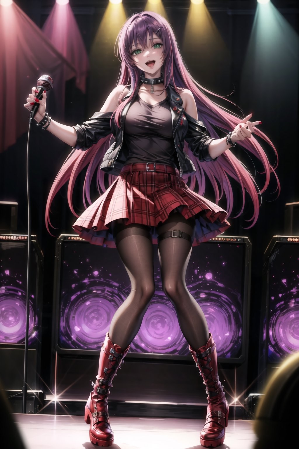 ((best quality)),  ((highly detailed)),  masterpiece,1girl, solo, smile, open mouth, skirt, shirt, hair ornament, gloves,  holding, jacket, stage, pantyhose,  boots, black gloves, hairclip, fingerless gloves, collar, two-tone hair, red hair, black jacket, plaid, black shirt, red skirt, plaid skirt, red footwear, microphone, red nails, spikes, cross-laced footwear, music, leather, holding microphone, singing, leather jacket ,(sasha, long hair, purple hair, green eyes),RockOfSuccubus