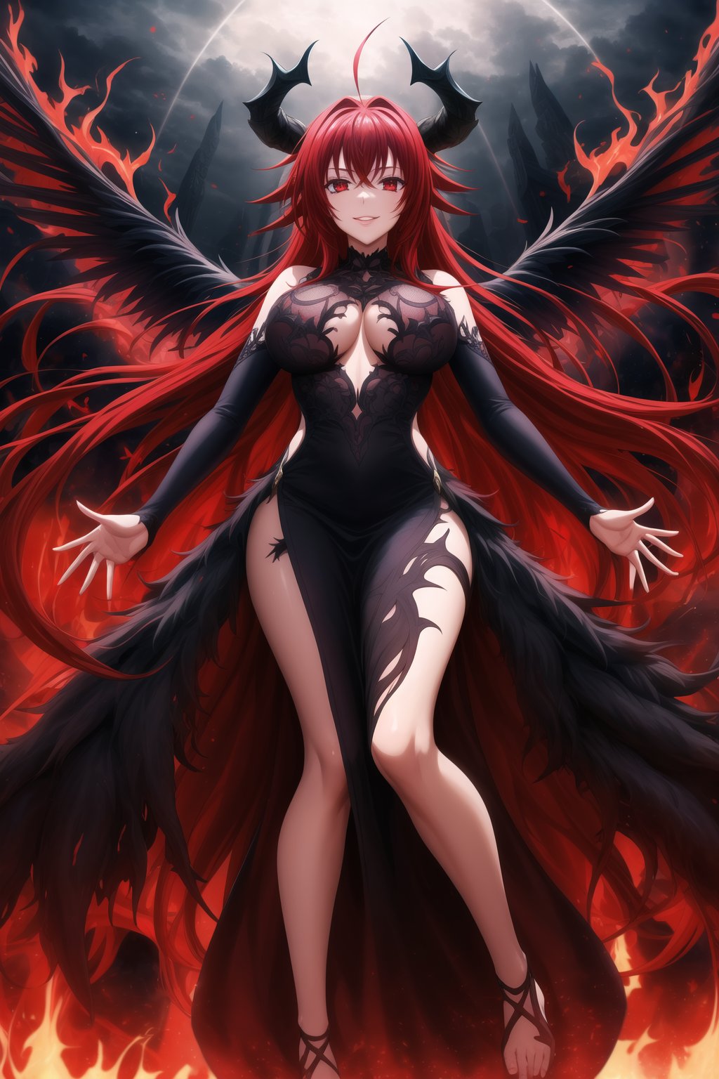 (best quality), (highly detailed), masterpiece, (official art), Rias Gremory as a malevole demon , lips evil smile, with long flowing red hair and a delicate ahoge, darkness black wings spread wide behind her. She is wearing a intricatr, elegant black gown that flows gracefully around her, softly billowing as she floats in the hell. Rias stands with her arms,as if welcoming you with a violento and demonic presence, her red eyes. Rays of dark light shine down from the heavens, illuminating her figure, while she hovers among soft, glowing fire. The hell with red rays breaking through, creating atmosphere. Her wings emit a darkness, ethereal light, adding to her demonic presence.