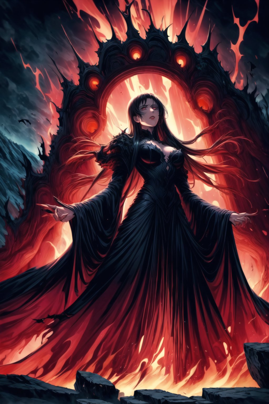 Elizabeth, black hair, lips, ruler of hell, stands as a malevolent dictator, her long hair flowing like darkness itself, gradient from white to dark, framing her cold gaze. Her elaborate gown, adorned with sinister symbols and glowing red accents, reflects her dominance and cruelty. The background features a hellish landscape: rivers of lava, jagged rocks, tormented souls, and dark clouds with lightning. Eerie, red and black glows illuminate the scene, capturing the dark and oppressive atmosphere of her dominion.