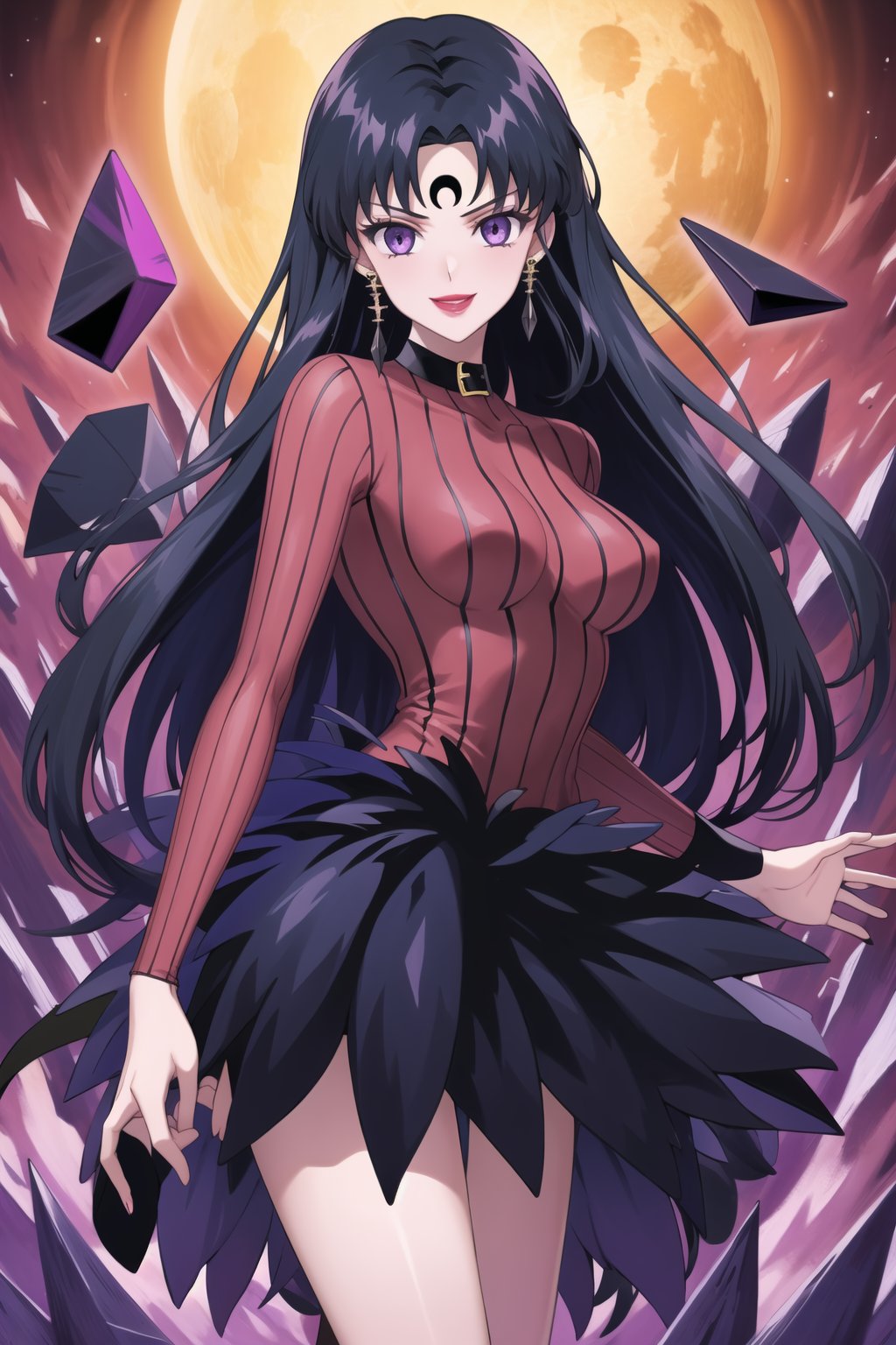 (best quality), (highly detailed), masterpiece, (official art),sama1, long hair, black hair, bangs , makeup, ((black moon, forehead mark, crescent facial mark, black crystal earrings)), jewelry, evil smile, lips, lipstick, posing, anime coloring, bodysuit, koan:1.2, sweater, striped, purple collar:1.2, long sleeves, layered skirt:1.2, stockings:1.3, forehead jewel