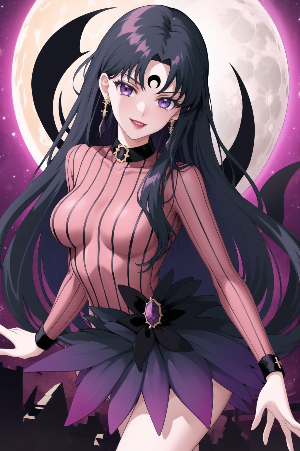 (best quality), (highly detailed), masterpiece, (official art),sama1, long hair, black hair, bangs , makeup, ((black moon, forehead mark, crescent facial mark, black crystal earrings)), jewelry, evil smile, lips, lipstick, posing, anime coloring, bodysuit, koan:1.2, sweater, striped, purple collar:1.2, long sleeves, layered skirt:1.2, stockings:1.3, forehead jewel