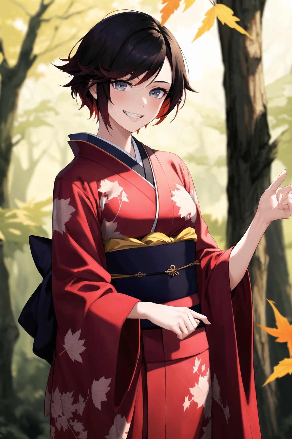 ((best quality)), ((highly detailed)), masterpiece, 1 girl, ruby rose, short hair, BREAK, grin, smirk, kimono, momiji, maple_leaves, japanese maple tree, minimalism, (cowboy shot:1.2), standing, , intricately detailed, hyperdetailed, blurry background, depth of field, best quality, masterpiece, intricate details, tonemapping, sharp focus, hyper detailed, trending on Artstation, 1 girl, high res, official art,