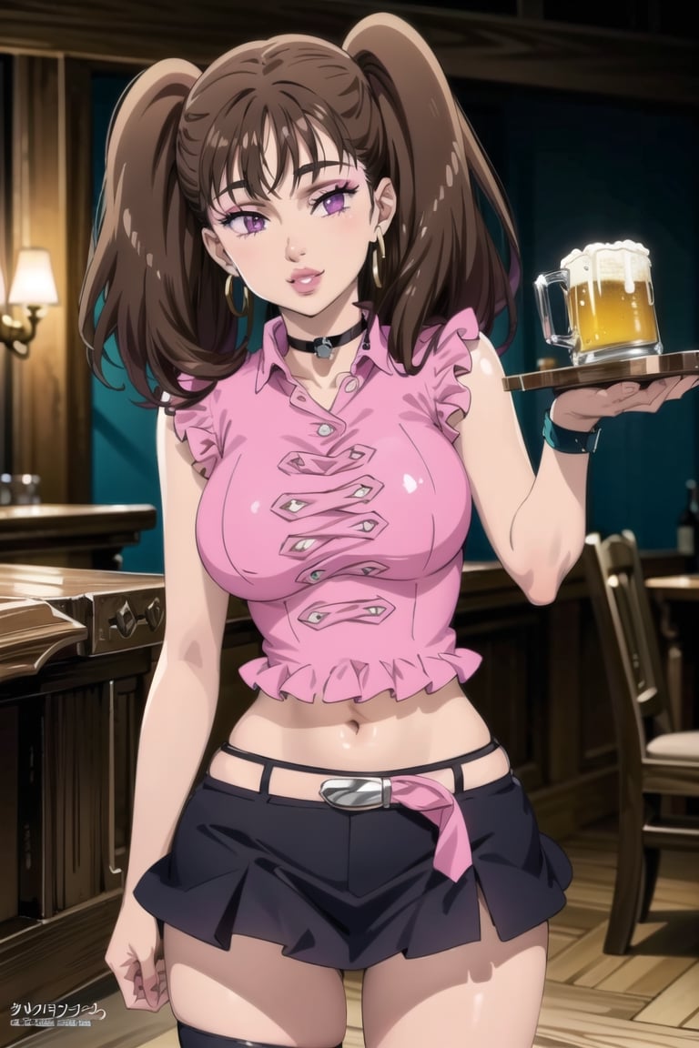 ((best quality)), ((highly detailed)), masterpiece, ((official art)),( diane, twintails), (multicolored hair:1.4), (gradient hair:1.3)  (seductive smile), (makeup:1.2), (choker:1.2), (hoop earrings),  (lips:1.3),  (seductive pose:1.2), bar, indoors holding tray, beer, beer mug, table, chair, large breasts, ((pink shirt:1.2)), navel, belt, (black skirt), miniskirt, (single thighhigh), intricately detailed, hyperdetailed, blurry background, depth of field, best quality, masterpiece, intricate details, tonemapping, sharp focus, hyper detailed, trending on Artstation, 1 girl, high res, official art ,b1mb0