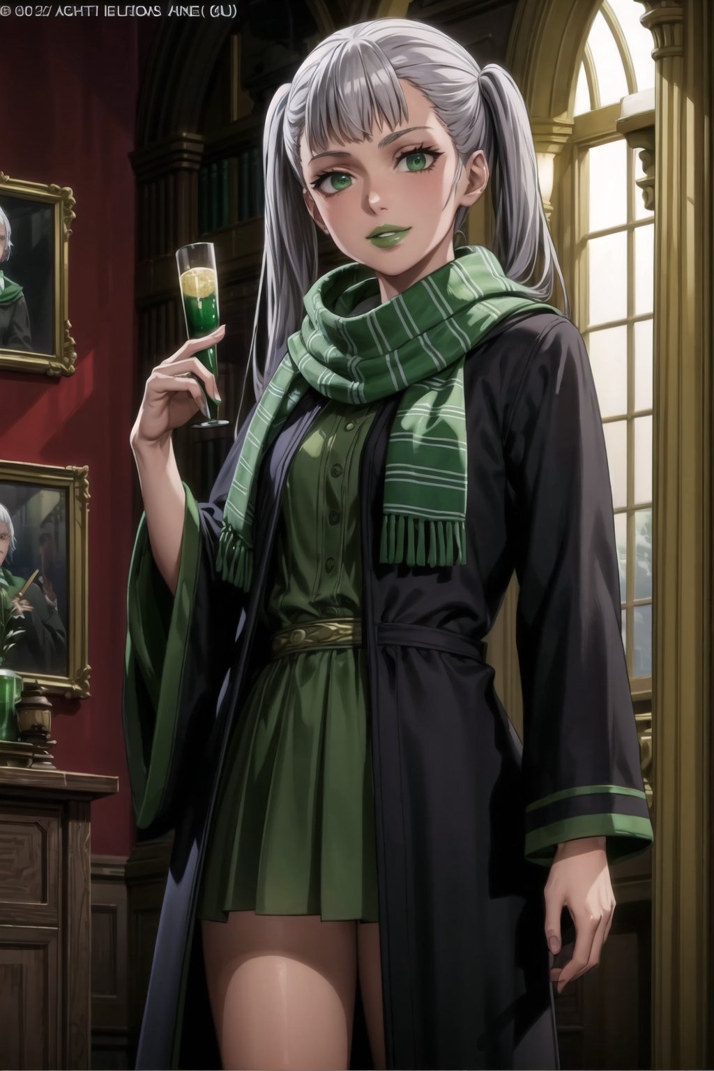 (best quality), (highly detailed), masterpiece, (official art),noelle_silva, twintails, bangs, silver hair , light green eyes, , hogrobe, (black robe,slytherin), green tie, hogscarf, magic, (green lips), (lips,evil smile), (best quality), (highly detailed), masterpiece, (official art), green eyes
