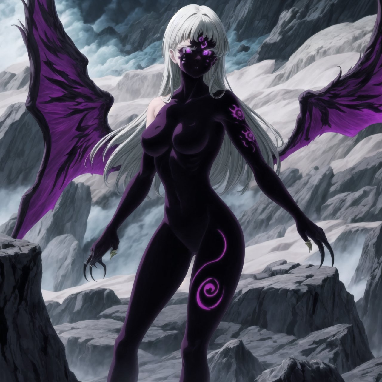 (tattoo,facial mark,aura,glowing,bodypaint,smoke,dark aura:1.2),1girl,long hair,medium breasts,black hair,angry,purple eyes,wings,claws,looking at viewer,nude,censored,armor,convenient censoring,Elizabeth, black hair, lips, ruler of hell, stands as a malevolent dictator, her long hair flowing like darkness itself, gradient from white to dark, framing her cold gaze. Her elaborate gown, adorned with sinister symbols and glowing red accents, reflects her dominance and cruelty. The background features a hellish landscape: rivers of lava, jagged rocks, tormented souls, and dark clouds with lightning. Eerie, red and black glows illuminate the scene, capturing the dark and oppressive atmosphere of her dominion.