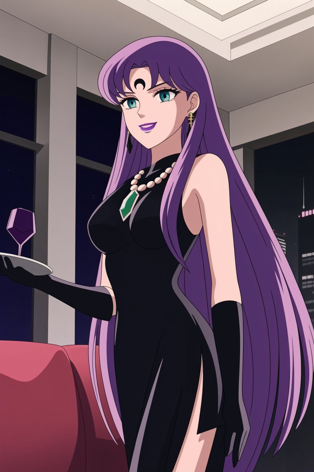 (best quality), (highly detailed), masterpiece, (official art),Saori Kido, long purple hair. blue eyes, bangs, lips, smile, lipstick, makeup,evil smile:1.2, holding tray, tray, alcohol, 
((Forehead mark, crescent facial mark, black crystal earrings, jewelry)).  Dark  dress, black latex, black sleeveless dress, turtleneck_dress, short dress, elbow gloves, green gloves, thighhighs, large necklace, ((gemstone necklace:1.2)), standing,
Modern luxury lounge with dim lighting, featuring sleek black leather sofas, glass tables, and soft ambient lighting from wall sconces. A large window in the background reveals a city skyline at night, adding a touch of sophistication to the scene