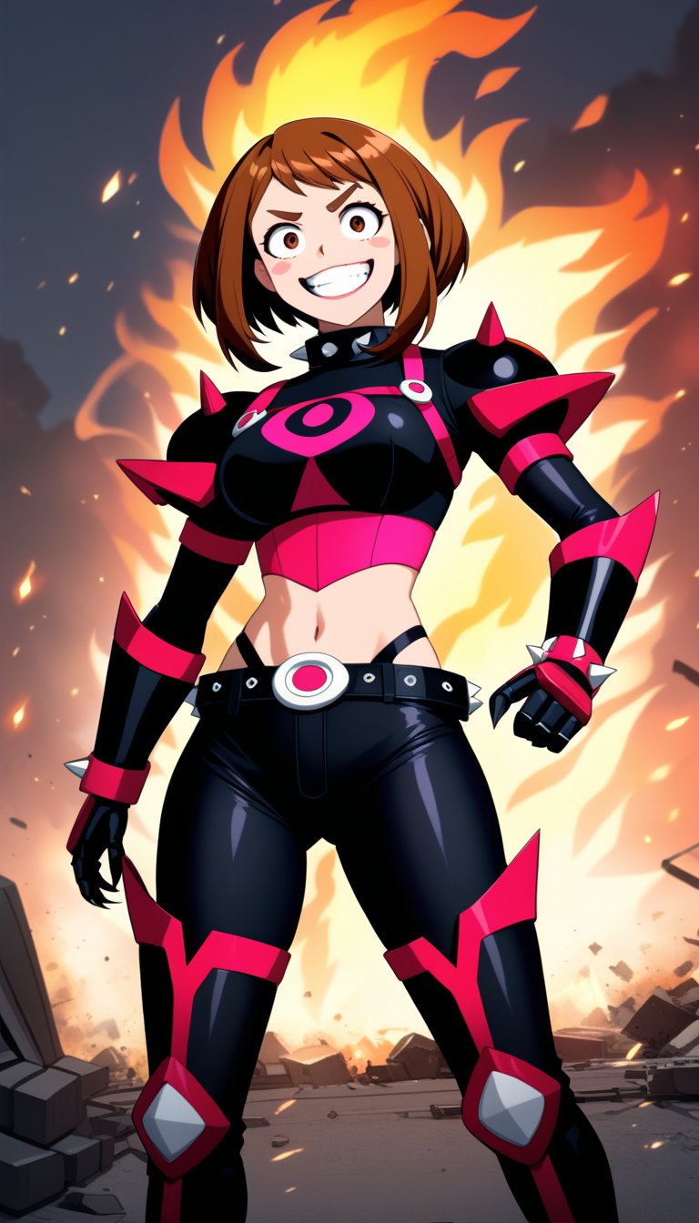 score_9, score_8_up, score_7_up, intricate details,1girl, ochako uraraka, solo, short brown hair, bob cut, evil grin, sharp teeth, malicious expression, crazy eyes, constricted pupils, black sclera,  spiked gauntlets, oversized grenade bracers, black combat boots, orange belt,  sinister expression, wearing black leather corset, tight dark outfit, spiked shoulder pads, thigh-high boots, high heels, exposed midriff, body harness, leather straps, sharp claws, metallic accessories, explosive accessories, spiked collar, villain aura, standing pose, flames in background, explosions, smoke, dark atmosphere, anime style, dynamic lighting, glowing embers, chaotic energy, destruction, confident stance, sadistic grin, villainous attitude