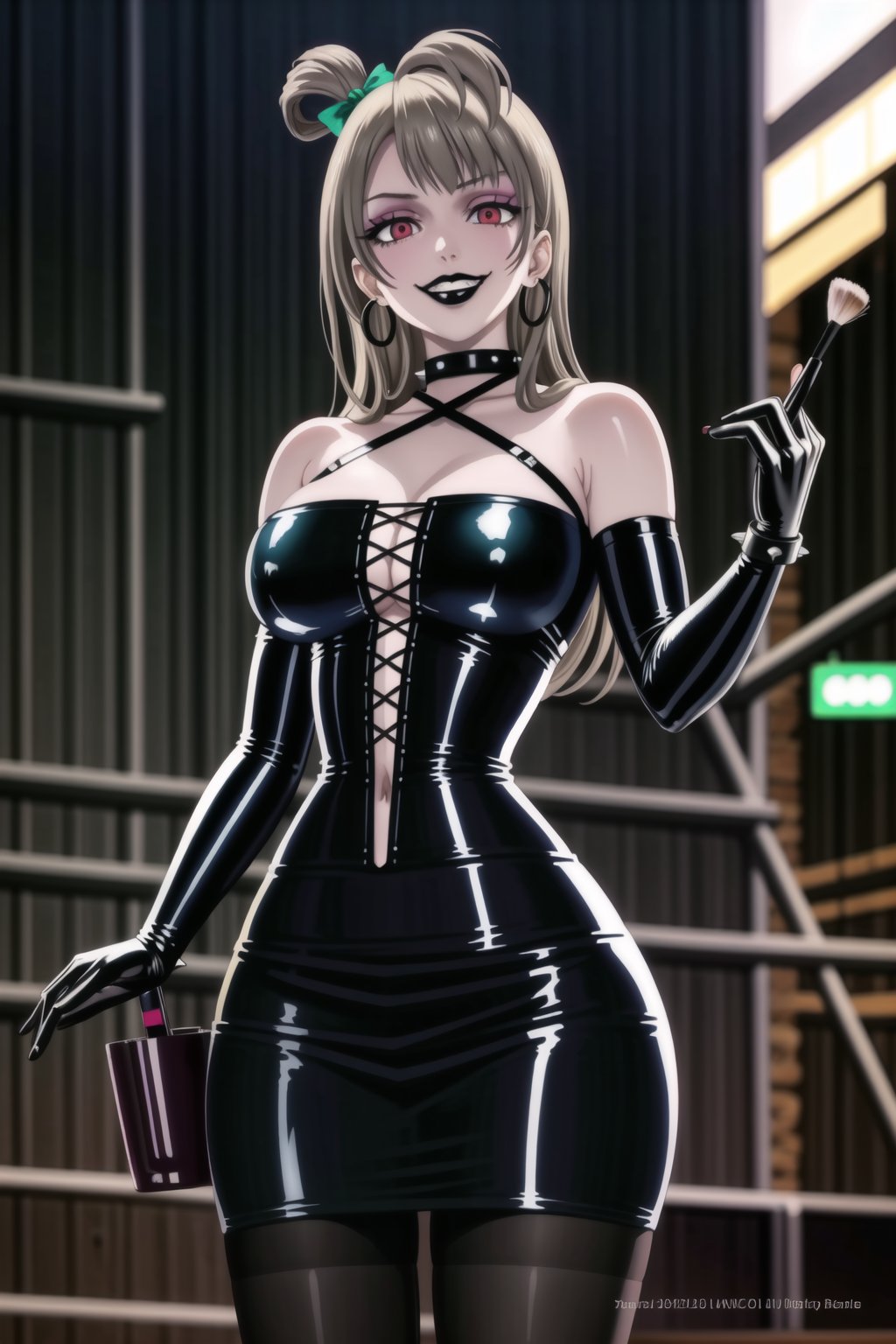 ((best quality)),  ((highly detailed)),  masterpiece,(Black lips:1.4), (white skin:1.4), ((official art)),  detailed face,  beautiful face, (cross-laced clothes:1.3), narrow_waist:1.3, dominatrix:1.4 , (intricate Black dress:1.4), (detailed eyes,  deep eyes),science fiction, cyberpunk:1.3, street,  pose:1.3, smoke:1.3, holding cigarette:1.3, smoking:1.2,((smirk, grin, naughty face, seductive smile, smug)) ,cowboy shot,(lips), minami kotori, long hair,  bangs, hair bow, green bow, (red eyes:1.3),   (spiked bracelet), corset:1.4, (black hoop earring:1.3), curvaceous, voluptuous body, (makeup:1.5) (lips:1.3), (latex:1.3),  (black tube top:1.2), gloves,(elbow gloves:1.2), skirt, black choker, pencil skirt, pantyhose, miniskirt, (black skirt), black gloves, black legwear, black nails,large breasts:1.2, (intricately detailed, hyperdetailed), blurry background, depth of field, best quality, masterpiece, intricate details, tonemapping, sharp focus, hyper detailed, trending on Artstation, 1 girl, solo, high res, official art,,<lora:659111690174031528:1.0>