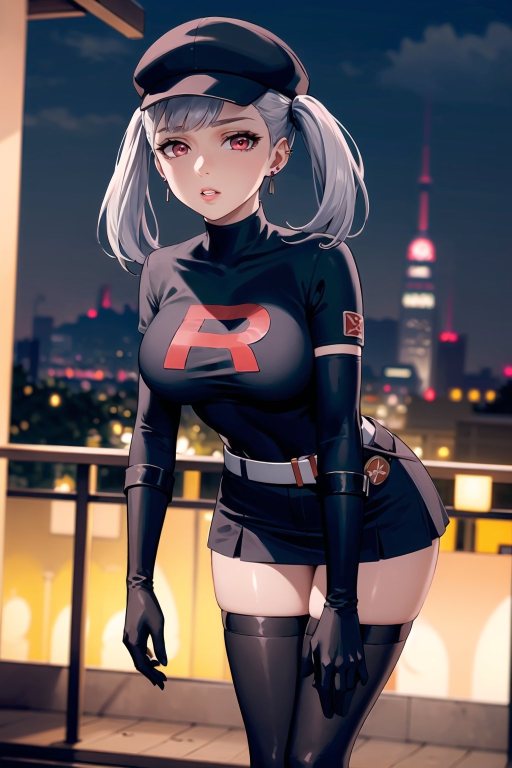 (best quality), (highly detailed), masterpiece, (official art), noelle_silva, silver hair,red eyes, twintails, bangs, earrings, jewelry, black headwear, cabbie hat, hat, ((Slouching, leaning forward)), lips, ( parted lips), ,Grunt Team Rocket, dress, black dress, long sleeves, gloves, elbow gloves, belt, grey belt, skirt, thighhighs, looking at viewer, china, asiática, city, night, sky, (intricately detailed, hyperdetailed), blurry background,depth of field, best quality, masterpiece, intricate details, tonemapping, sharp focus, hyper detailed, trending on Artstation,1 girl, high res, official art,Slouching