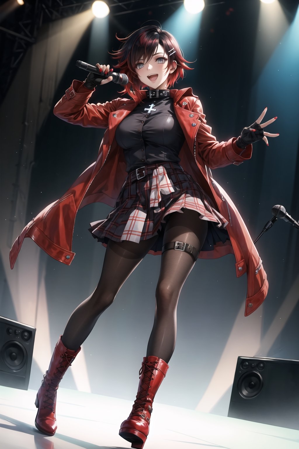 ((best quality)),  ((highly detailed)),  masterpiece,1girl, solo, smile, open mouth, skirt, shirt, hair ornament, gloves,  holding, jacket, full body, pantyhose,  boots, black gloves, hairclip, fingerless gloves, collar, two-tone hair, red hair, black jacket, plaid, black shirt, red skirt, plaid skirt, red footwear, microphone, red nails, spikes, cross-laced footwear, music, leather, holding microphone, singing, leather jacket ,(ruby rose:1.3)