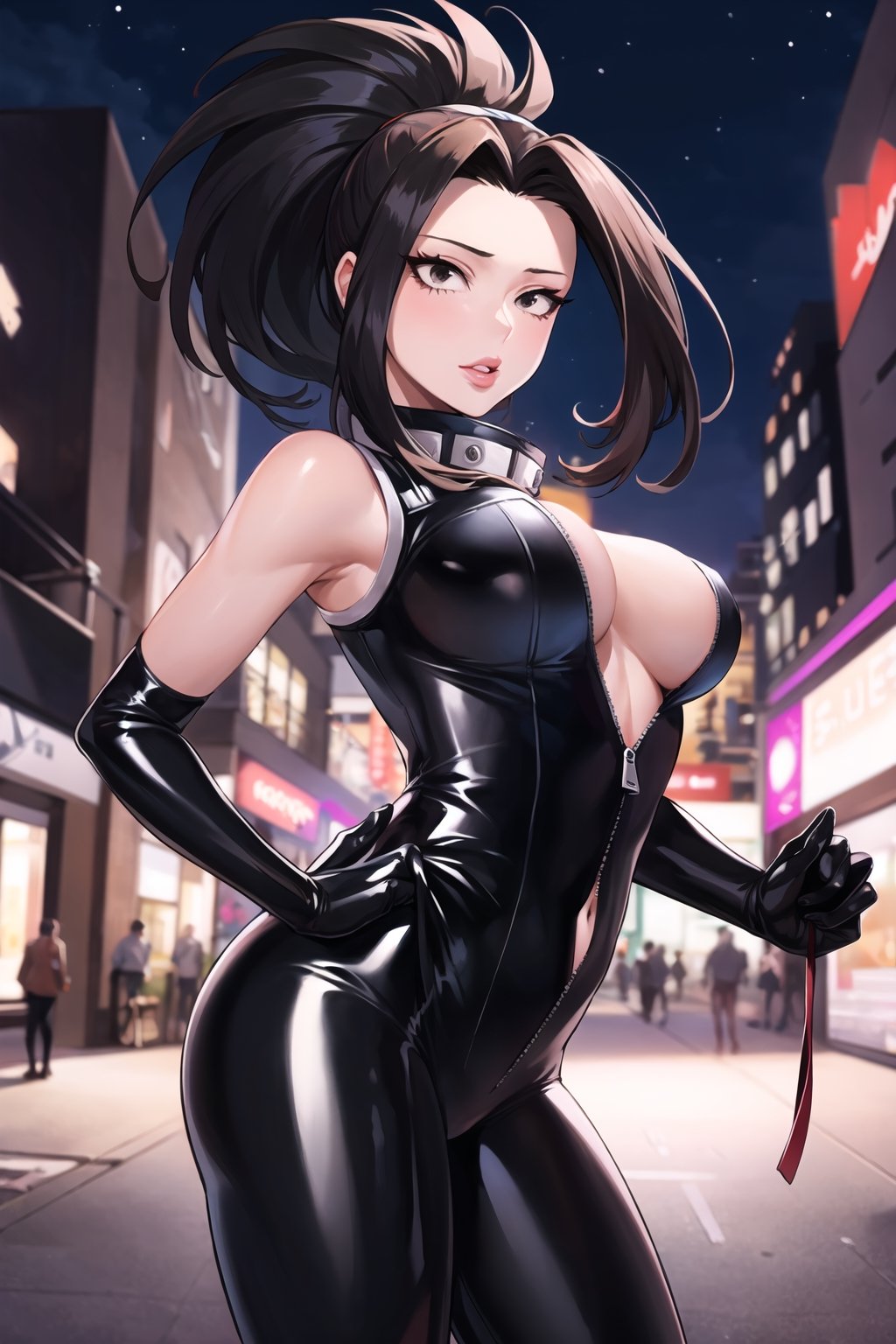 yaoyorozu momo, 1girl, black eyes, black hair, ponytail, long hair, hair pulled back, ,lips, boku no hero academia,  (((black bodysuit, ,latex))), unzipped, skin tight, outdoors, city, night, edge lighting,