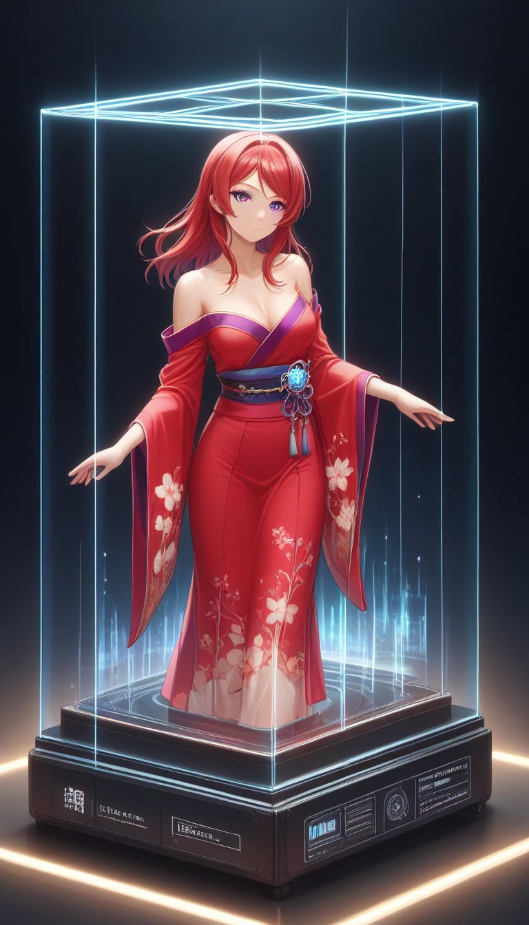 score_9, score_8_up, score_7_up, Display case, lovelive_maki, maki nishikino, red hair, maki as doll, ultra Realistic,Extreme Detailed,beautiful Prism light,stardust,rainbow-colored light,
Glass made ultra Detailed transparent oiran Girl,ultra transparent,wearing luxury high-tech kimono,walk,
dancing oiran,