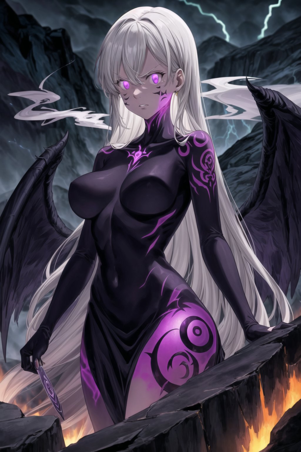 (tattoo,facial mark,aura,glowing,bodypaint,smoke,dark aura:1.2),1girl,long hair,medium breasts,black hair,angry,purple eyes,wings,claws,looking at viewer,nude,censored,armor,convenient censoring,Elizabeth, black hair, lips, ruler of hell, stands as a malevolent dictator, her long hair flowing like darkness itself, gradient from white to dark, framing her cold gaze. Her elaborate gown, adorned with sinister symbols and glowing red accents, reflects her dominance and cruelty. The background features a hellish landscape: rivers of lava, jagged rocks, tormented souls, and dark clouds with lightning. Eerie, red and black glows illuminate the scene, capturing the dark and oppressive atmosphere of her dominion.