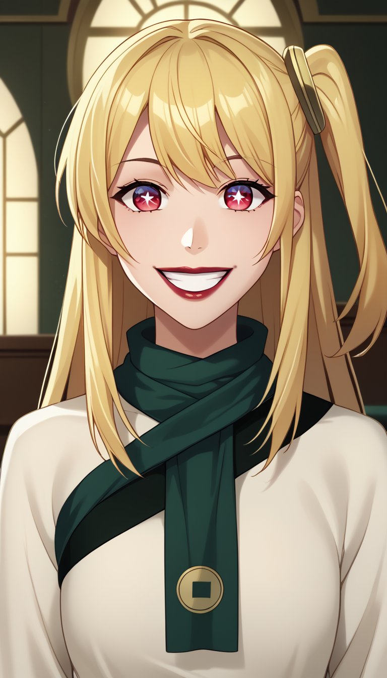 score_9, score_8_up, score_7_up, intricate details,1girl, hoshino ruby, blonde hair, long hair, one side up, red eyes, mismatched pupils, star-shaped pupils, red lips,white dress, indoors,joo dee, dress, scarf, hair ornament, grin, smile, lips, joo dee,  full body