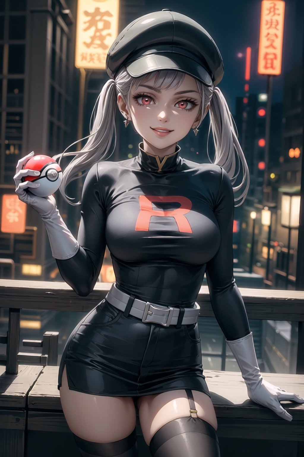 (best quality), (highly detailed), masterpiece, (official art), noelle_silva, silver hair, twintails, bangs, earrings, jewelry,,red eyes, red earrings, poke ball, poke ball (basic), holding poke ball, black headwear, cabbie hat, hat, posing, lips, ( evil smile), ,Grunt Team Rocket, dress, black dress, long sleeves, gloves, elbow gloves, belt, grey belt, skirt, thighhighs, looking at viewer, china, asiática, city, night, sky, (intricately detailed, hyperdetailed), blurry background,depth of field, best quality, masterpiece, intricate details, tonemapping, sharp focus, hyper detailed, trending on Artstation,1 girl, high res, official art,