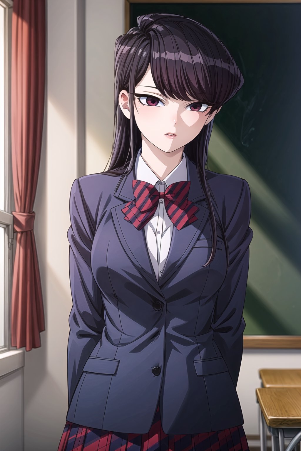 ((best quality)),  ((highly detailed)),  masterpiece,  ((official art)),  SK, lips, school, schoolroom, standing, chalkboard ,looking at viewer, (body trembling:1.3), dark blue blazer, striped bowtie, school uniform,  v arms, pantyhose, classroom, cowboy shot, school uniform, red skirt, red bow, blazer,,  girl,  indoors,  intricately detailed,  hyperdetailed,  blurry background, depth of field,  best quality,  masterpiece,  intricate details,  tonemapping,  sharp focus,  hyper detailed,  trending on Artstation, 1 girl,  high res,  official art,SK,StandingAtAttention