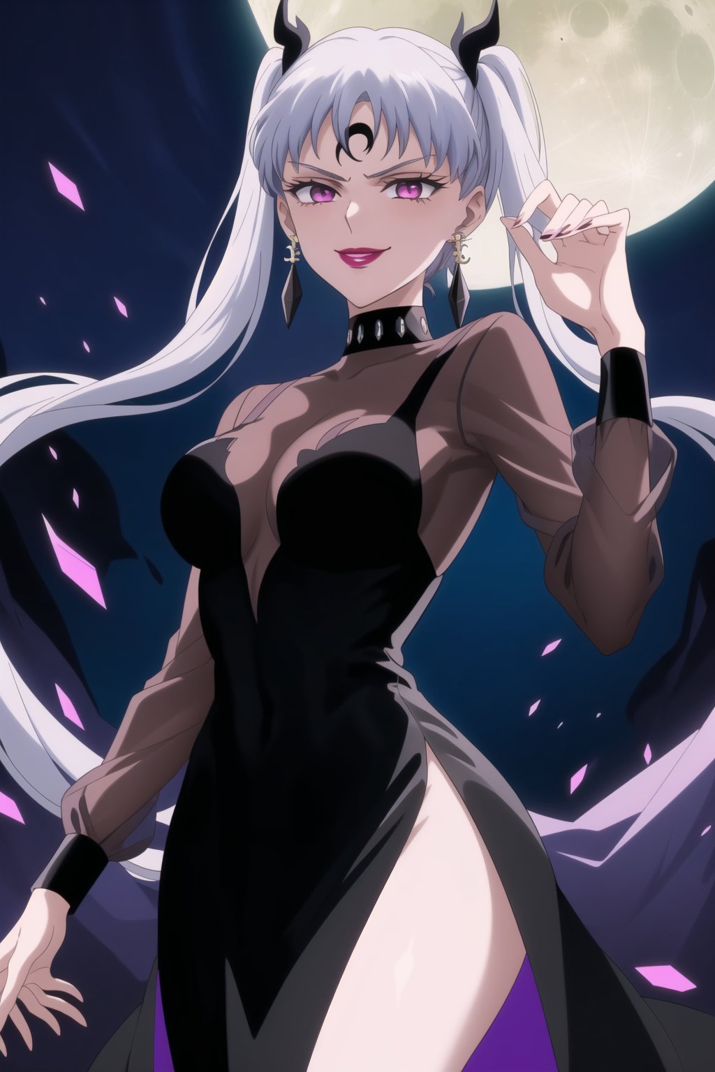 (best quality), (highly detailed), masterpiece, (official art), (noelle_silva,silver hair,twintails,bangs,jewelry), makeup, ((black moon, forehead mark, crescent facial mark, black crystal earrings)), aged up, evil smile, lips, lipstick, posing, anime coloring, ((black dress, long sleeves, see-through)), pink dress, side slit, A dark and mysterious female character inspired by the style of classic anime. She has an evil face with an evil smile, giving her an imposing and intimidating presence. The overall atmosphere is dark and mysterious, with a sense of power and control emanating from her posture.,