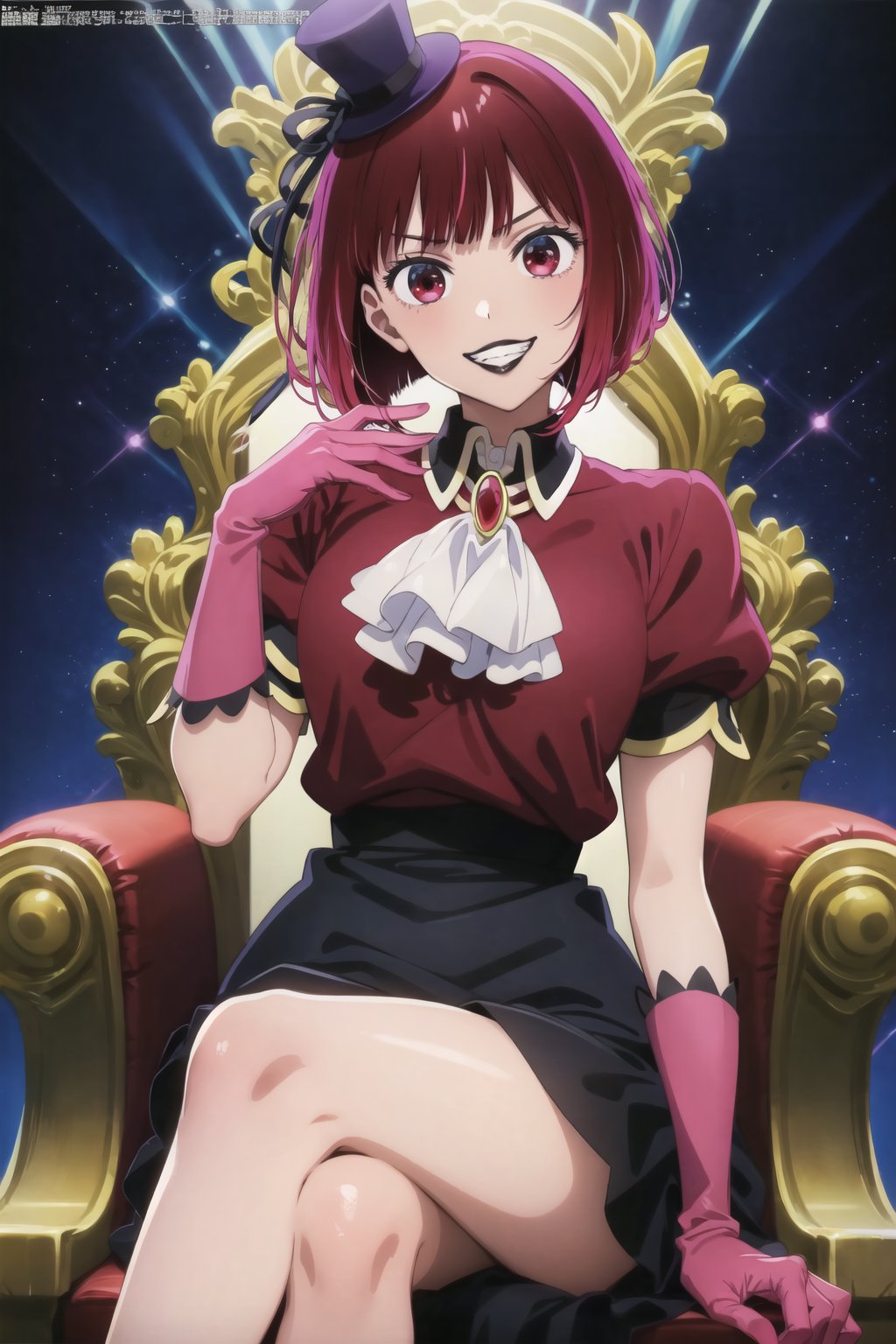 (best quality), (highly detailed), masterpiece, (official art),  lips:1.2, black lips:1.4, lipstick:1.2, aakana, short hair, mini hat, head tilt, red eyes, jewelry, brooch, white ascot, frills, red shirt, short sleeves, pink gloves, black skirt, , throne, sitting, crossed legs, smirk, grin