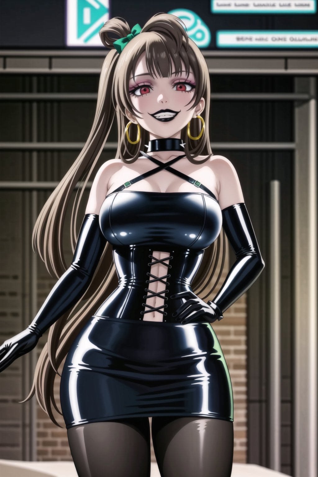 ((best quality)),  ((highly detailed)),  masterpiece,(Black lips:1.4), (white skin:1.4), ((official art)),  detailed face,  beautiful face, (cross-laced clothes:1.3), narrow_waist:1.3, dominatrix:1.4 , (intricate Black dress:1.4), (detailed eyes,  deep eyes),(science fiction, cyberpunk:1.3, street, shopping, pose:1.3, dancing:1.3),((smirk, grin, naughty face, seductive smile, smug)) ,cowboy shot,(lips), minami kotori, long hair,  bangs, hair bow, green bow, (red eyes:1.3),   (spiked bracelet), corset:1.4, (black hoop earring:1.3), curvaceous, voluptuous body, (makeup:1.5) (lips:1.3), (latex:1.3),  (black tube top:1.2), gloves,(elbow gloves:1.2), skirt, black choker, pencil skirt, pantyhose, miniskirt, (black skirt), black gloves, black legwear, black nails,large breasts:1.2, (intricately detailed, hyperdetailed), blurry background, depth of field, best quality, masterpiece, intricate details, tonemapping, sharp focus, hyper detailed, trending on Artstation, 1 girl, solo, high res, official art,RockOfSuccubus,,kotori minami,minami kotori,<lora:659111690174031528:1.0>