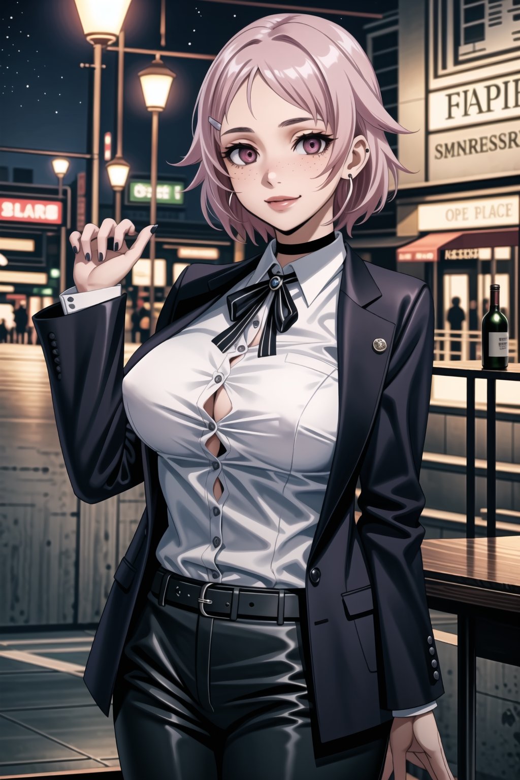 ((best quality)),  ((highly detailed)),  masterpiece,1girl, 1girl, (lips:1.2), seductive smile, smirk, naughty_face,nail polish, solo,   black pants,  formal,  black jacket,  open jacket,  (white shirt),  belt, ,  black jacket, (black suit),  long sleeves,  shirt tucked in,, (black choker), blush, earrings, black nails, looking at viewer, standing, cowboy shot, fingernails,  bar,outdoor,lamp,nigth,space, alcohol, sexy pose:1.2, purple nails, wristband, lisbeth, pink hair, freckles, short hair, hair clip, pink eyes,Breast Expansion,,<lora:659111690174031528:1.0>