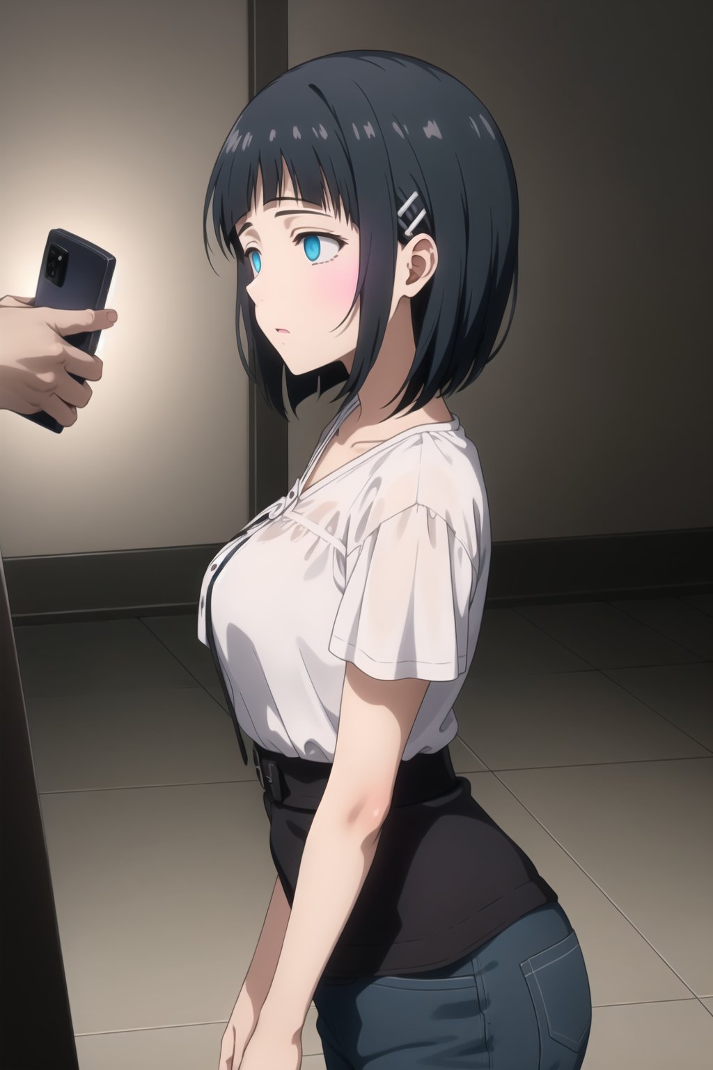 ((best quality)),  masterpiece, dynamic angle, suguha, Bob cut, short hair, black hair, hair clip,   (backPhone:1.4), (1girl, holding phone, pink glowing, mind control, hypnosis,empty eyes), ,Anime illustration, close-up of a woman, standing, completely hypnotized, in a trance. Wearing a casual outfit with a white blouse and blue jeans, eyes wide open with swirling patterns, expression blank and unresponsive, arms hanging limply at her sides. Background is a dark room with a glowing, spiraling hypnotic pattern on a large screen behind her, casting an eerie light. The room is dimly lit with shadows, creating a mysterious and unsettling atmosphere. Subtle fog effects on the floor, adding to the surreal ambiance.,empty eyes